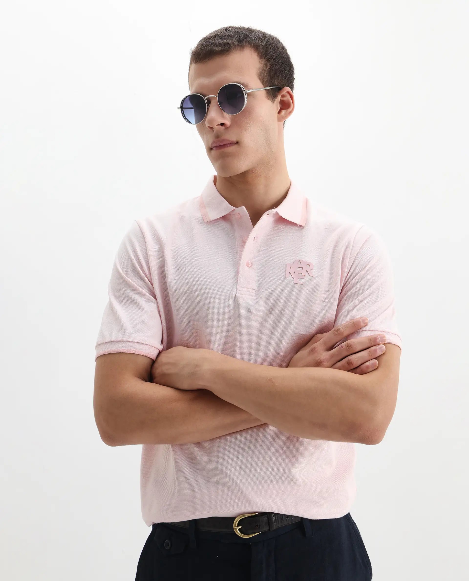 Rare Rabbit Men's Hux Pastel Pink Cotton Plain Regular Fit Half Sleeve Polo