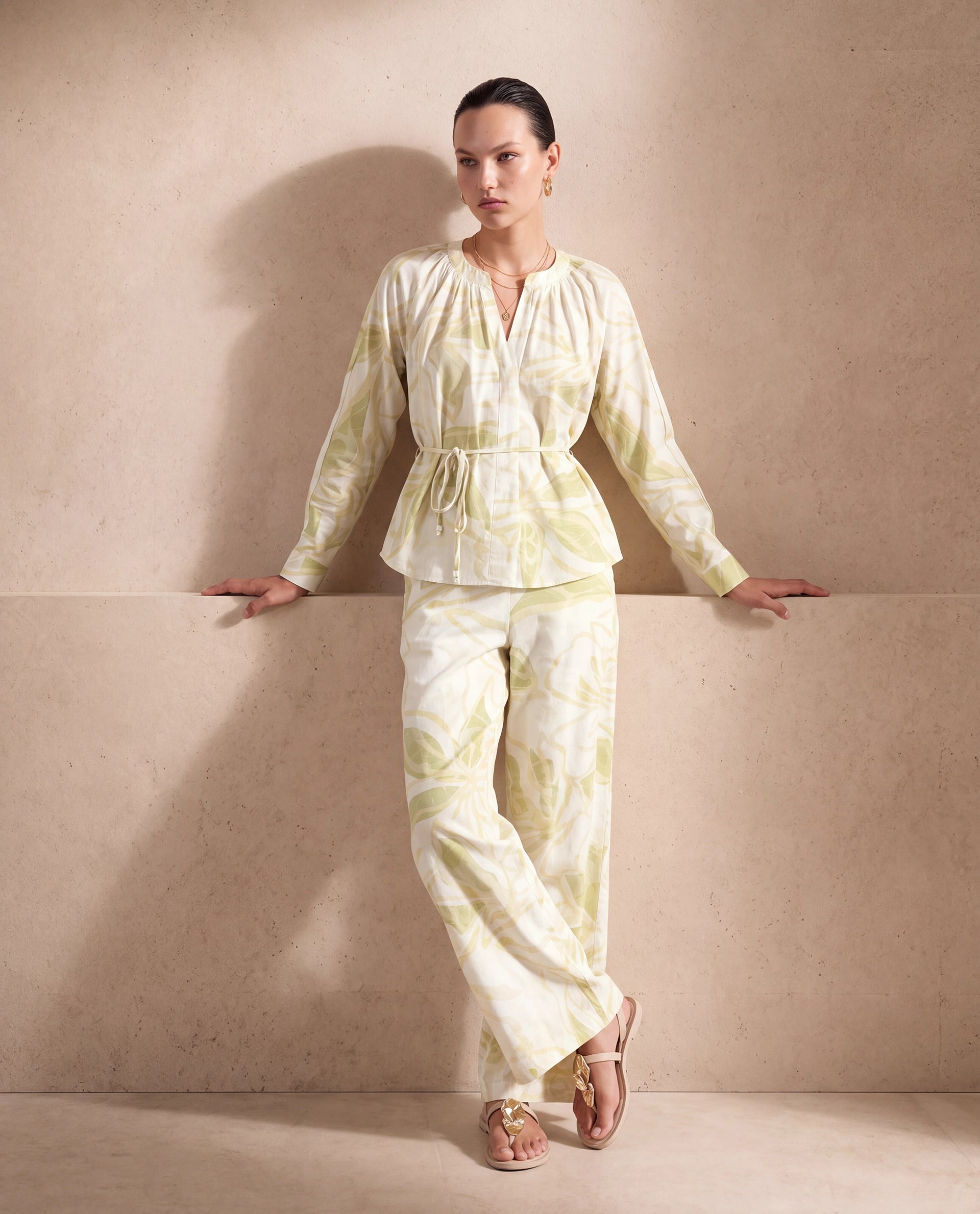 Rareism Women's Hyce-B Light Green Cotton Satin Wide Leg Abstract Print Trouser
