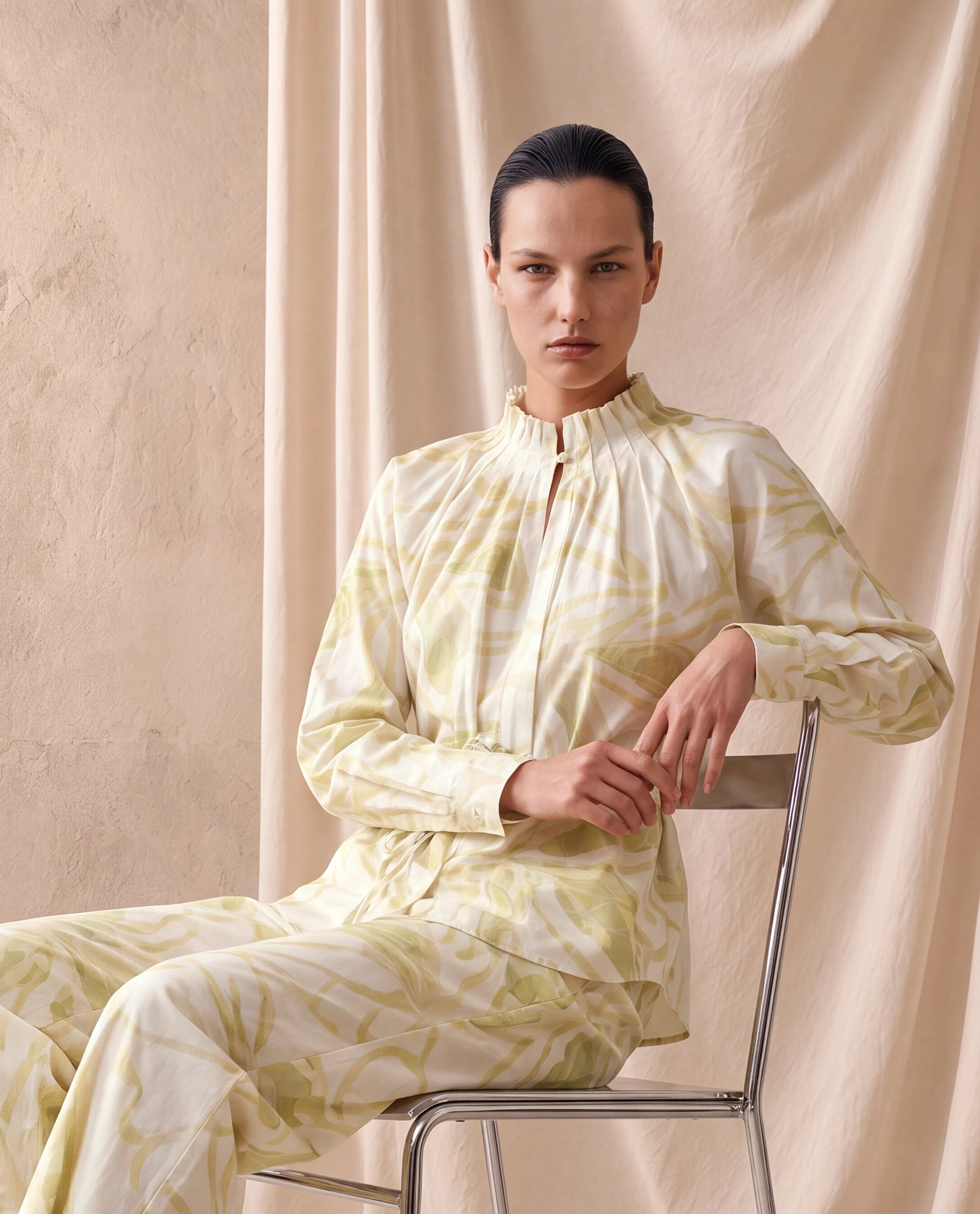Rareism Women's Hyce-T Light Green Cotton Full Sleeve Pleated Neck Relaxed Fit Abstract Print Top