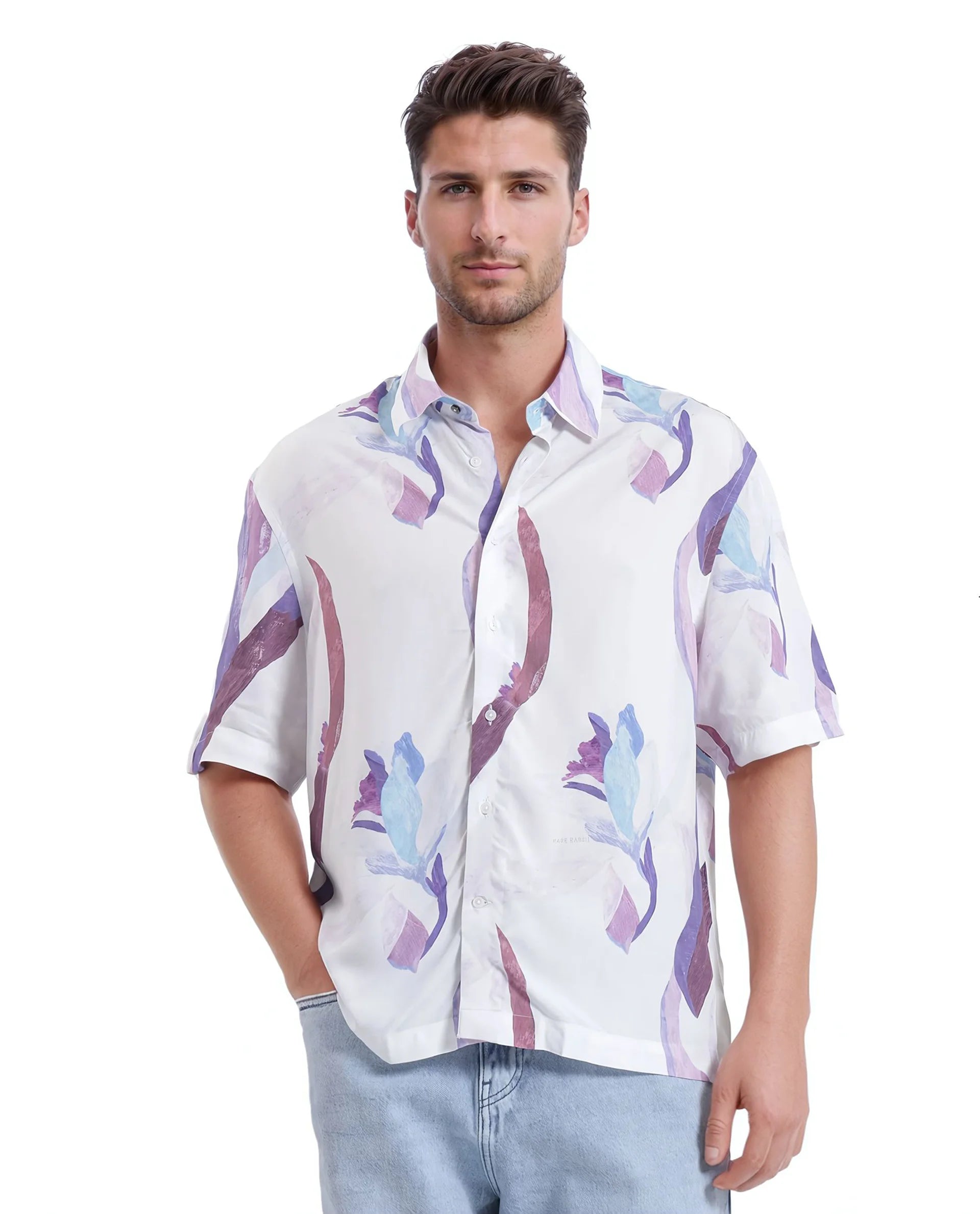 Rare Rabbit Men Hydra White Viscose Fabric Half Sleeve Floral Printed Boxy Fit Shirt