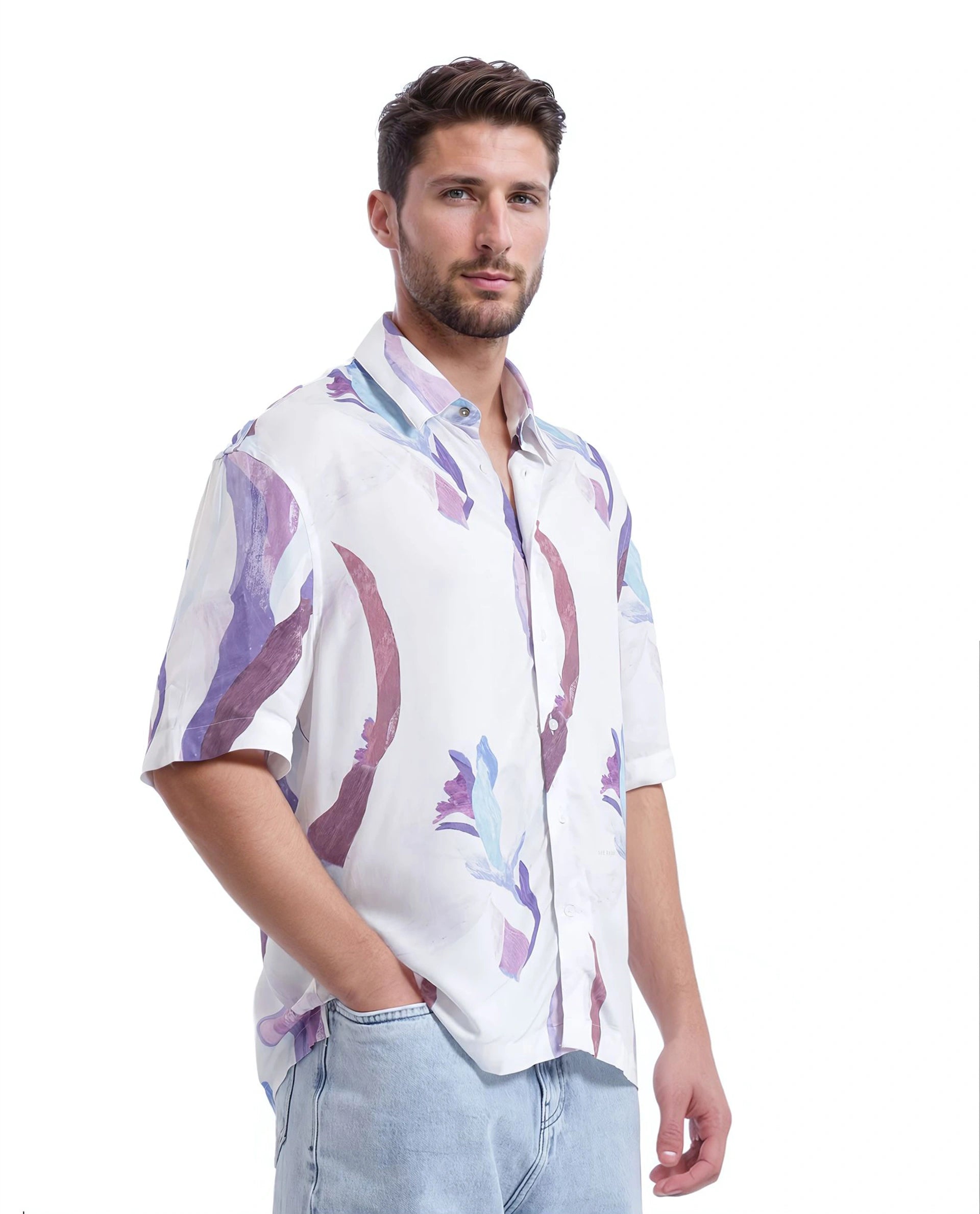 Rare Rabbit Men Hydra White Viscose Fabric Half Sleeve Floral Printed Boxy Fit Shirt