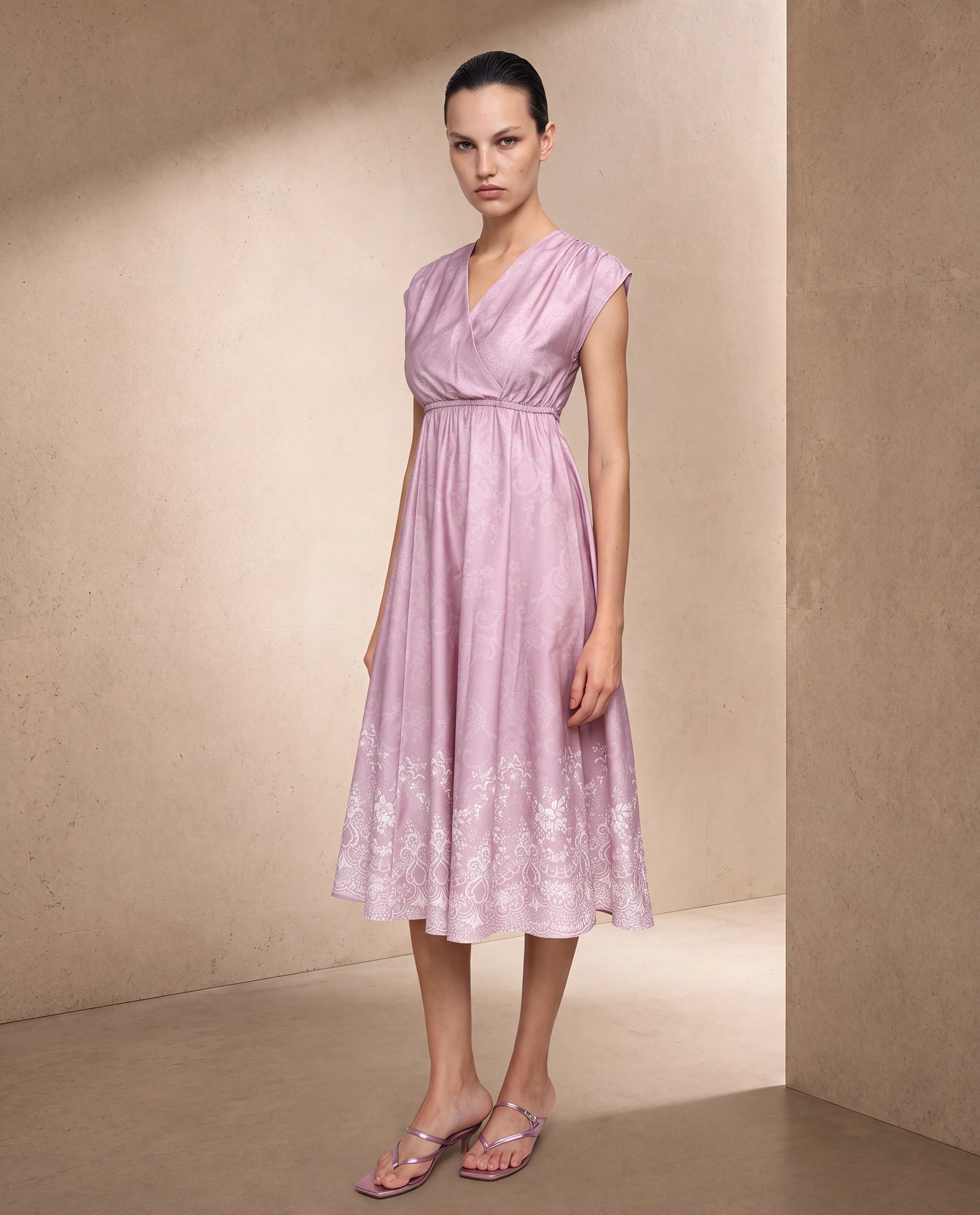 Rareism Women's Hync Pink Cotton Satin Half Sleeve V-Neck Elastic Fit And Flare Ornamental Print Dress