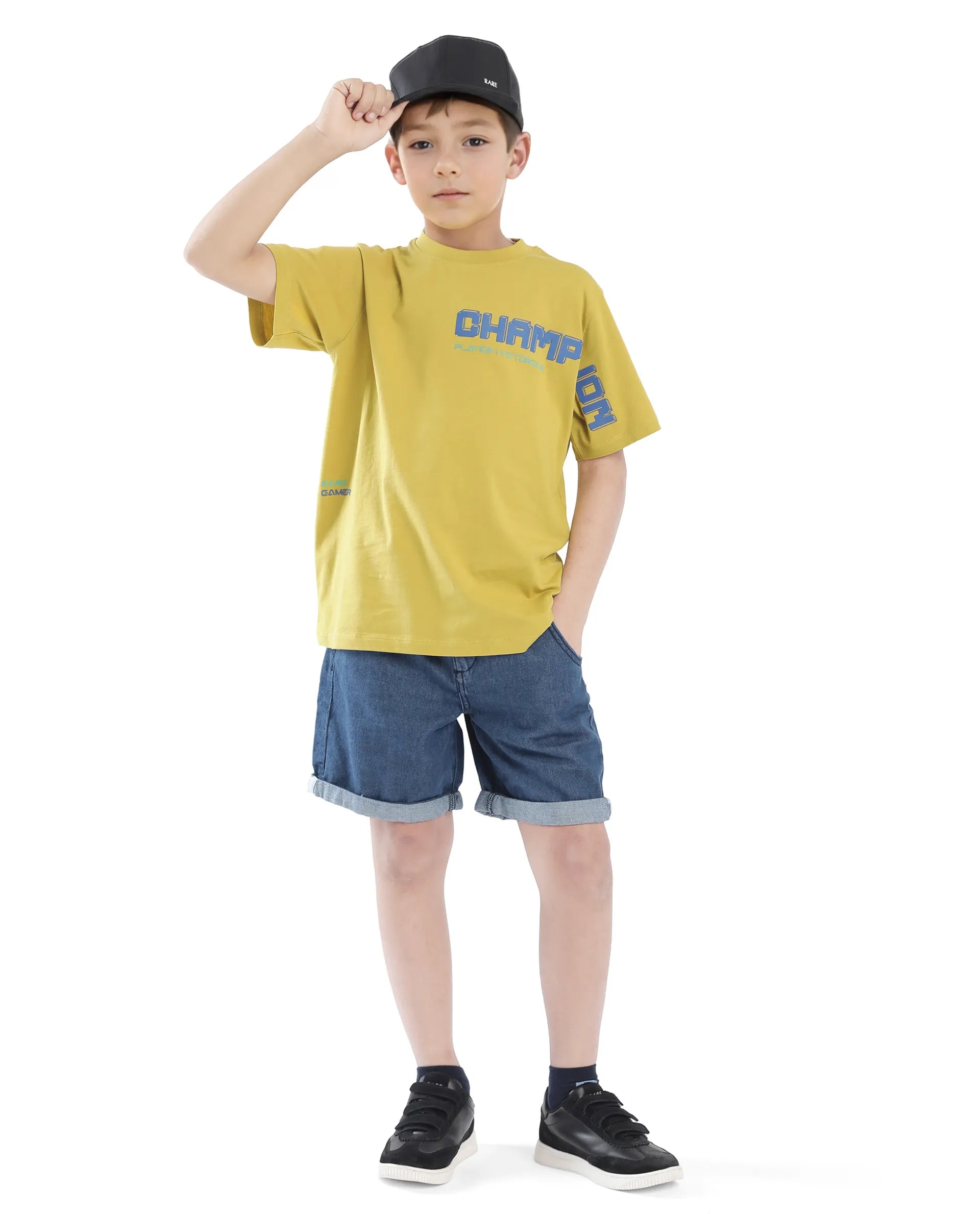 Rare Ones Kids Hype Yellow Cotton Half Sleeve Graphic Print Slip-On Closure Regular Fit T-Shirt