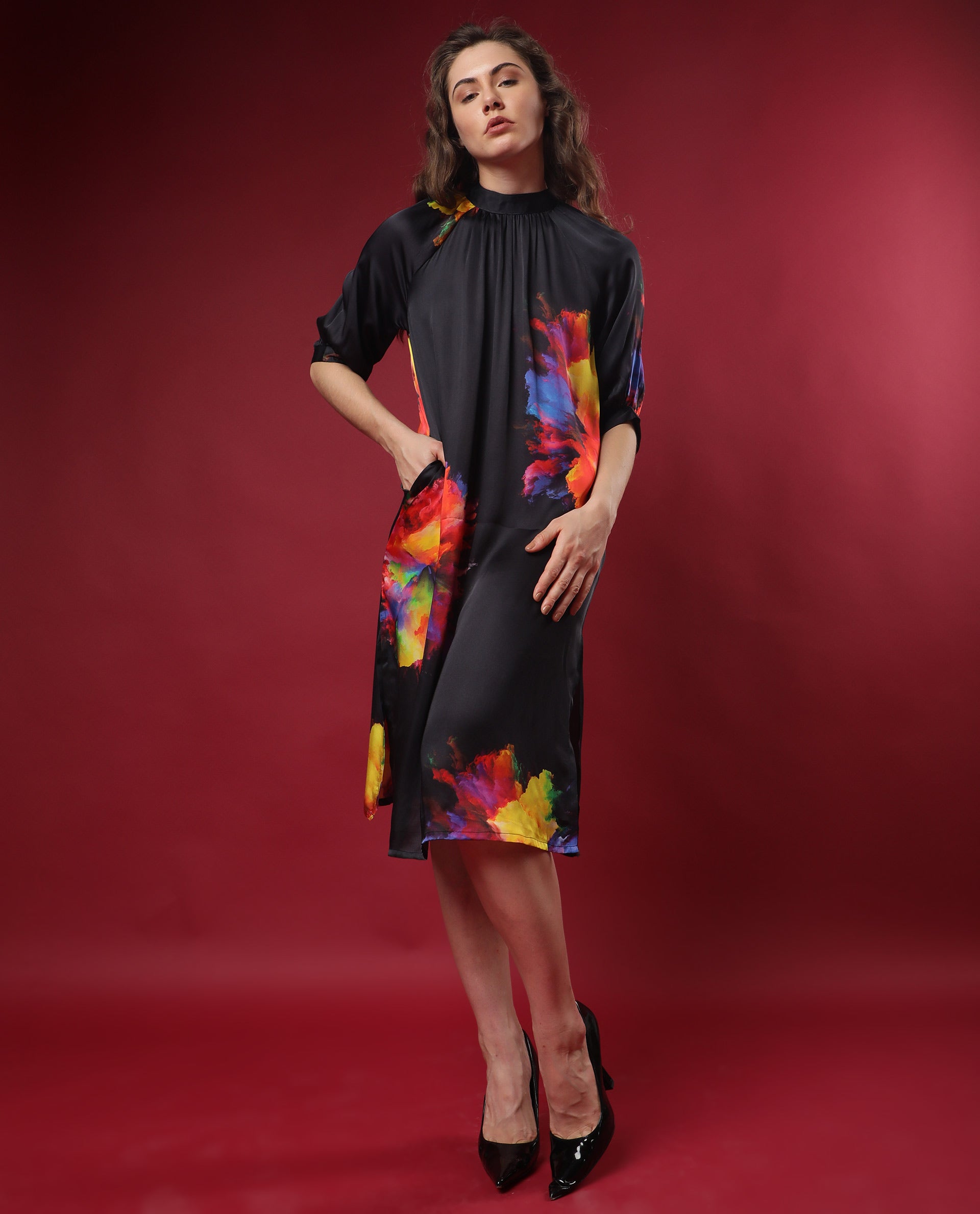 Rareism Women Jovi Black Floral Print High Neck Half Sleeves Back Button Closure With Pockets Knee Length Dress