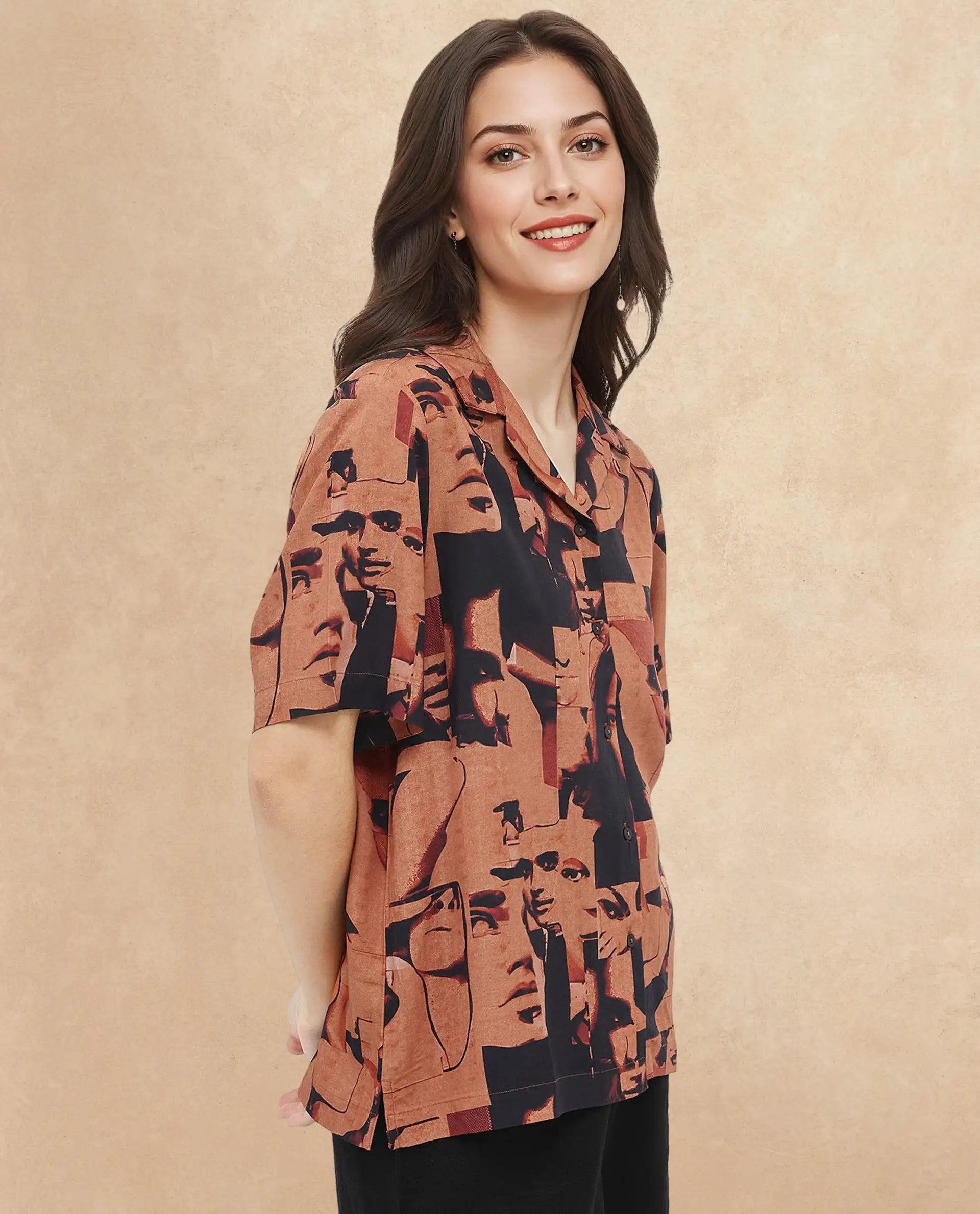 Rareism Women Hagen Brown Short Sleeve Collared Neck  Relaxed Fit Abstract Print Shirt