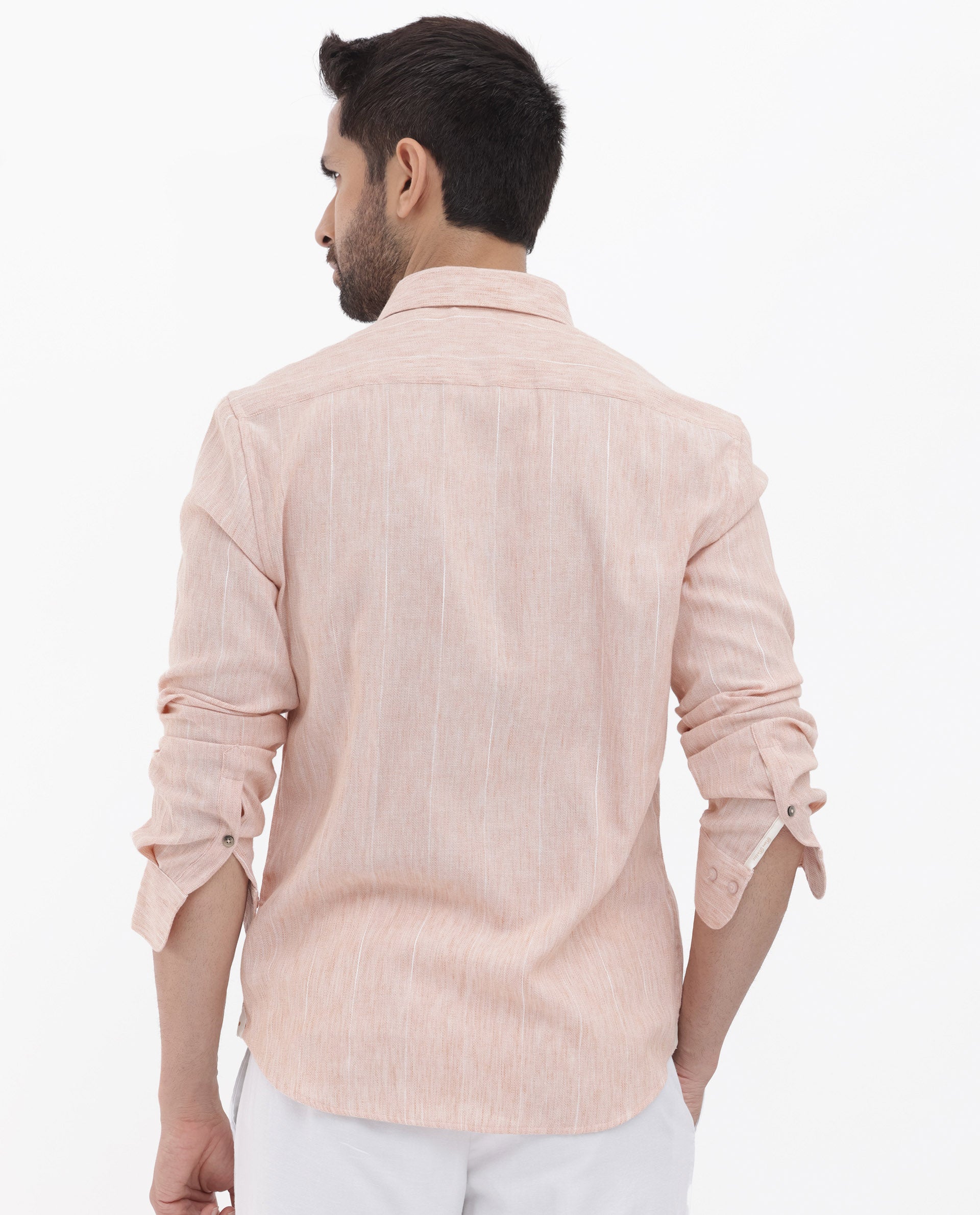 Rare Rabbit Men's Halk Peach Cotton Fabric Melange Effect Full Sleeves Regular Fit Stripe Shirt