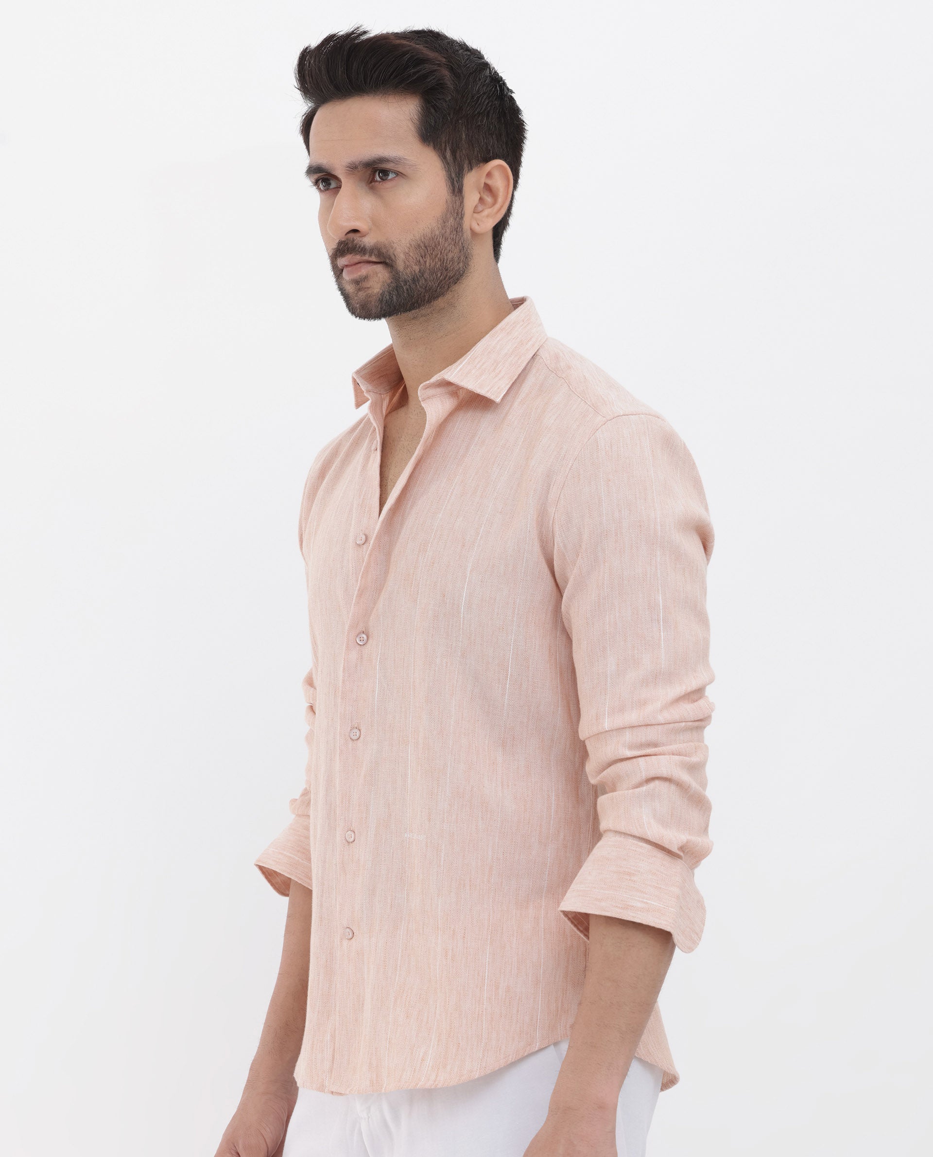 Rare Rabbit Men's Halk Peach Cotton Fabric Melange Effect Full Sleeves Regular Fit Stripe Shirt