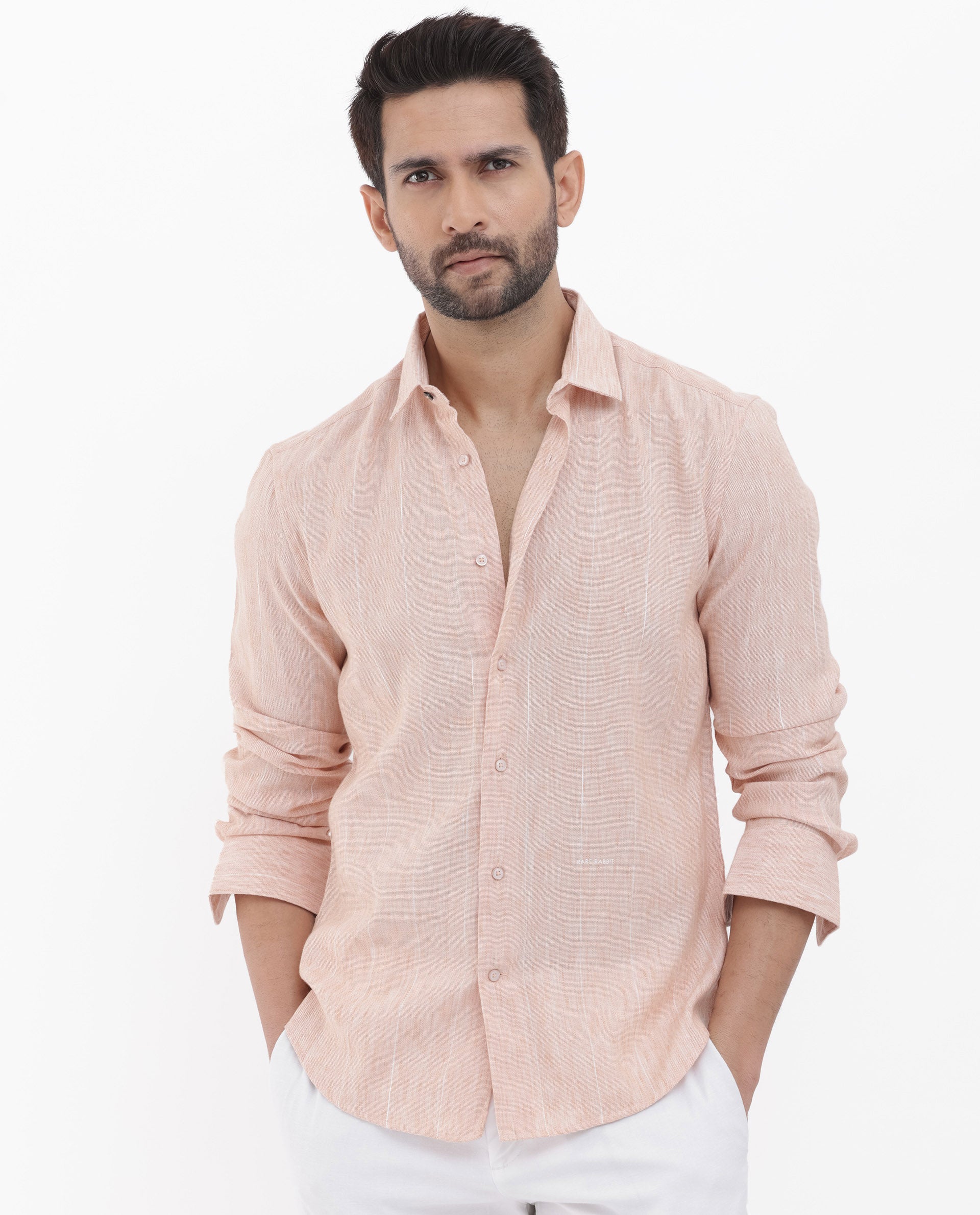 Rare Rabbit Men's Halk Peach Cotton Fabric Melange Effect Full Sleeves Regular Fit Stripe Shirt