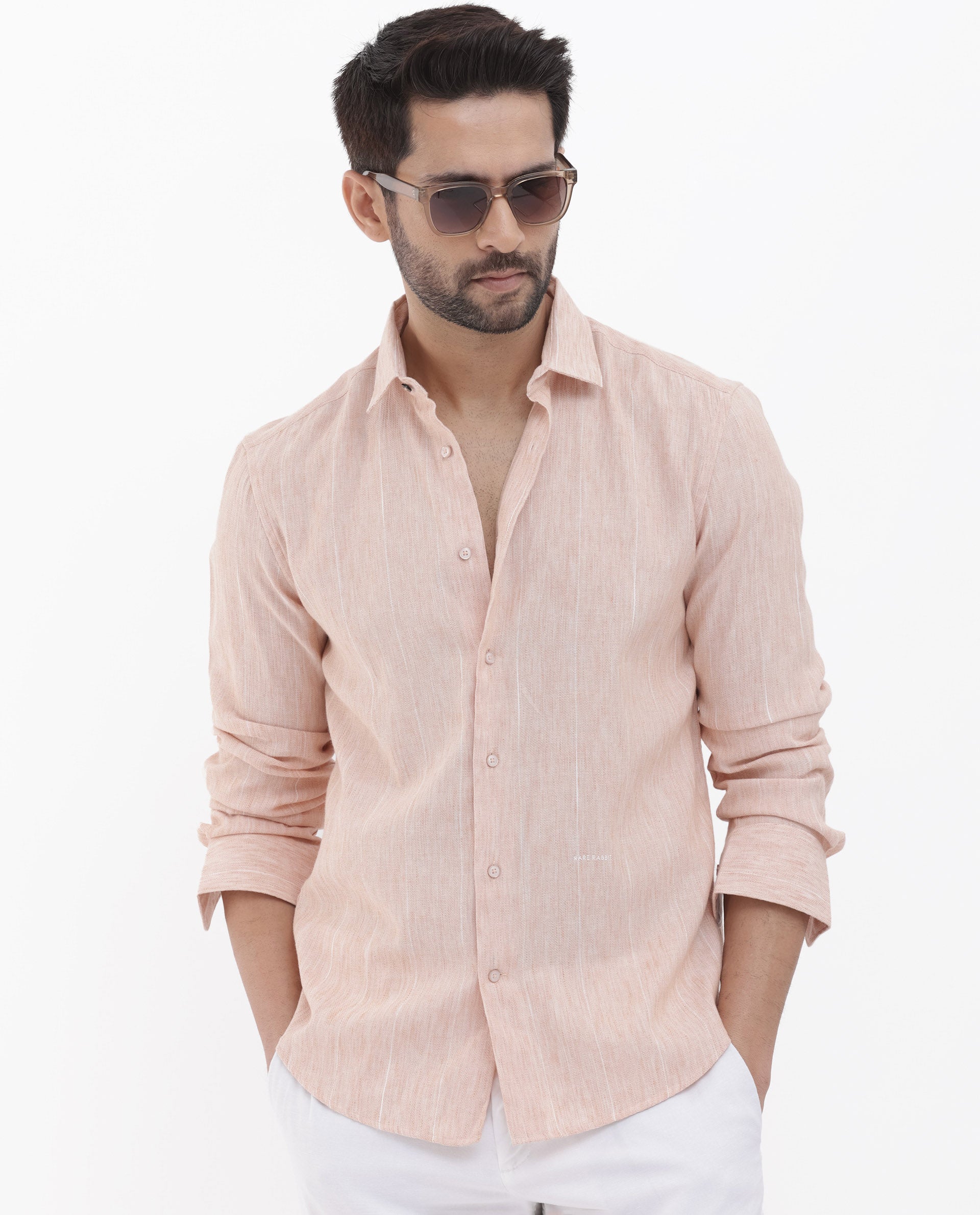 Rare Rabbit Men's Halk Peach Cotton Fabric Melange Effect Full Sleeves Regular Fit Stripe Shirt