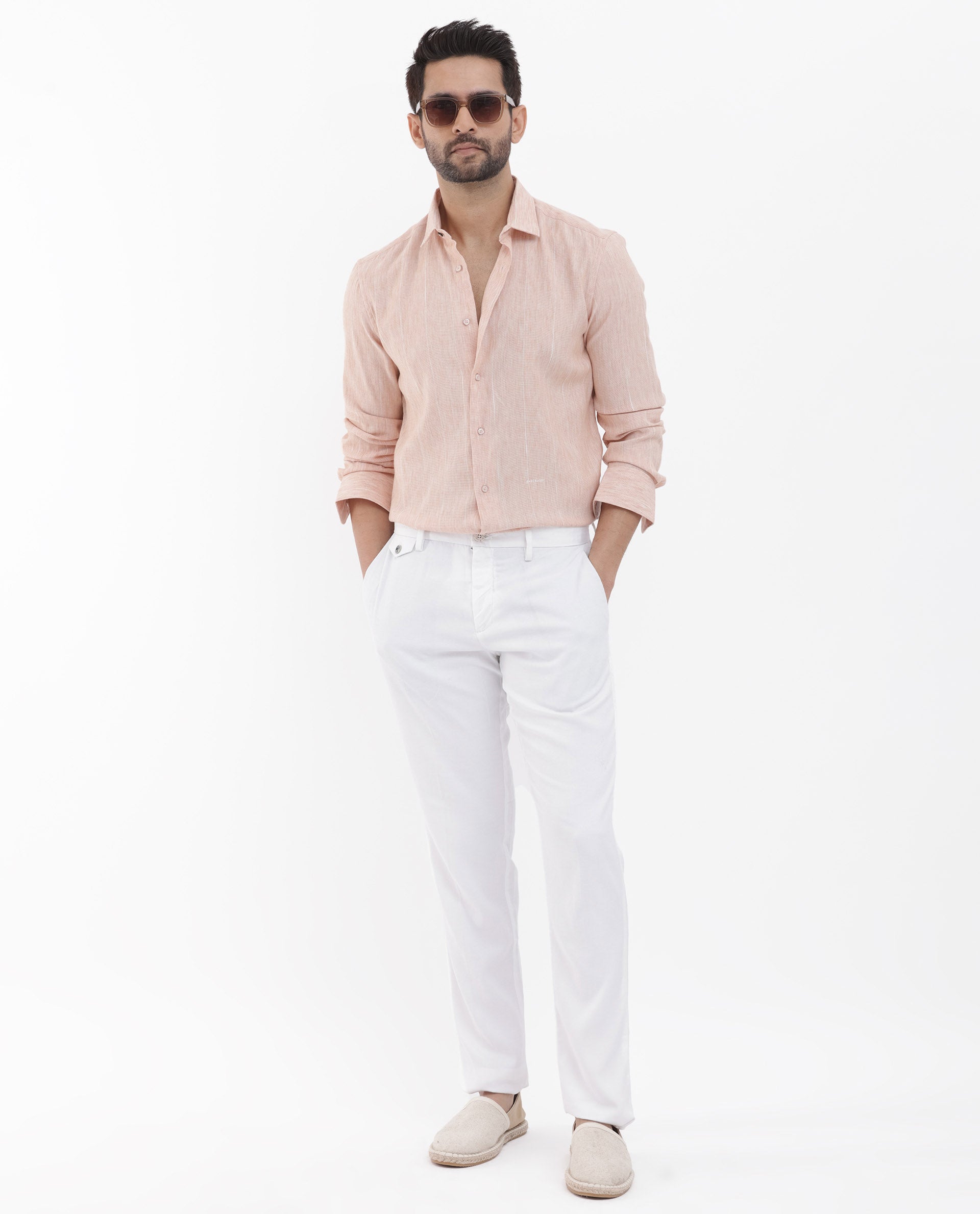 Rare Rabbit Men's Halk Peach Cotton Fabric Melange Effect Full Sleeves Regular Fit Stripe Shirt