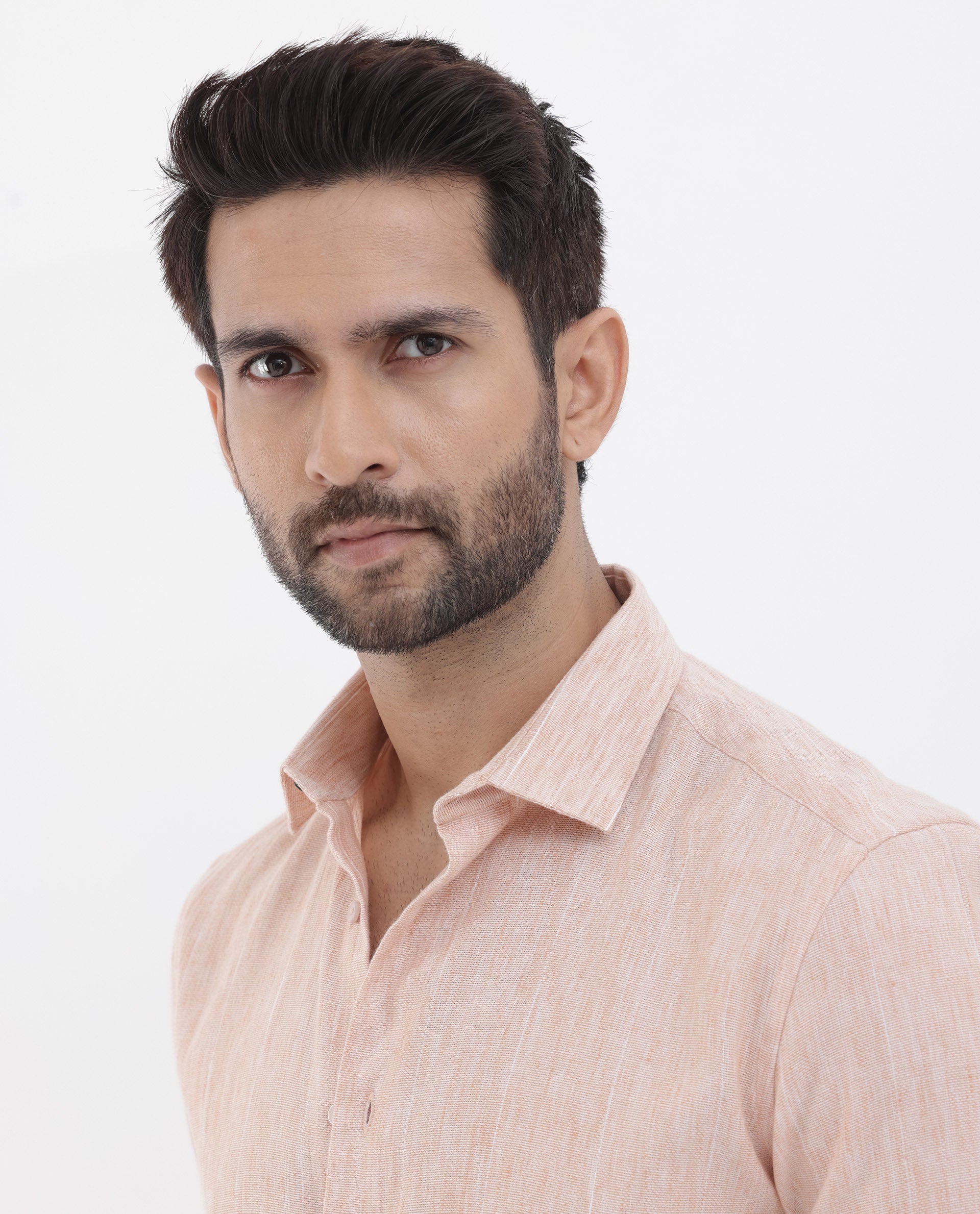 Rare Rabbit Men's Halk Peach Cotton Fabric Melange Effect Full Sleeves Regular Fit Stripe Shirt