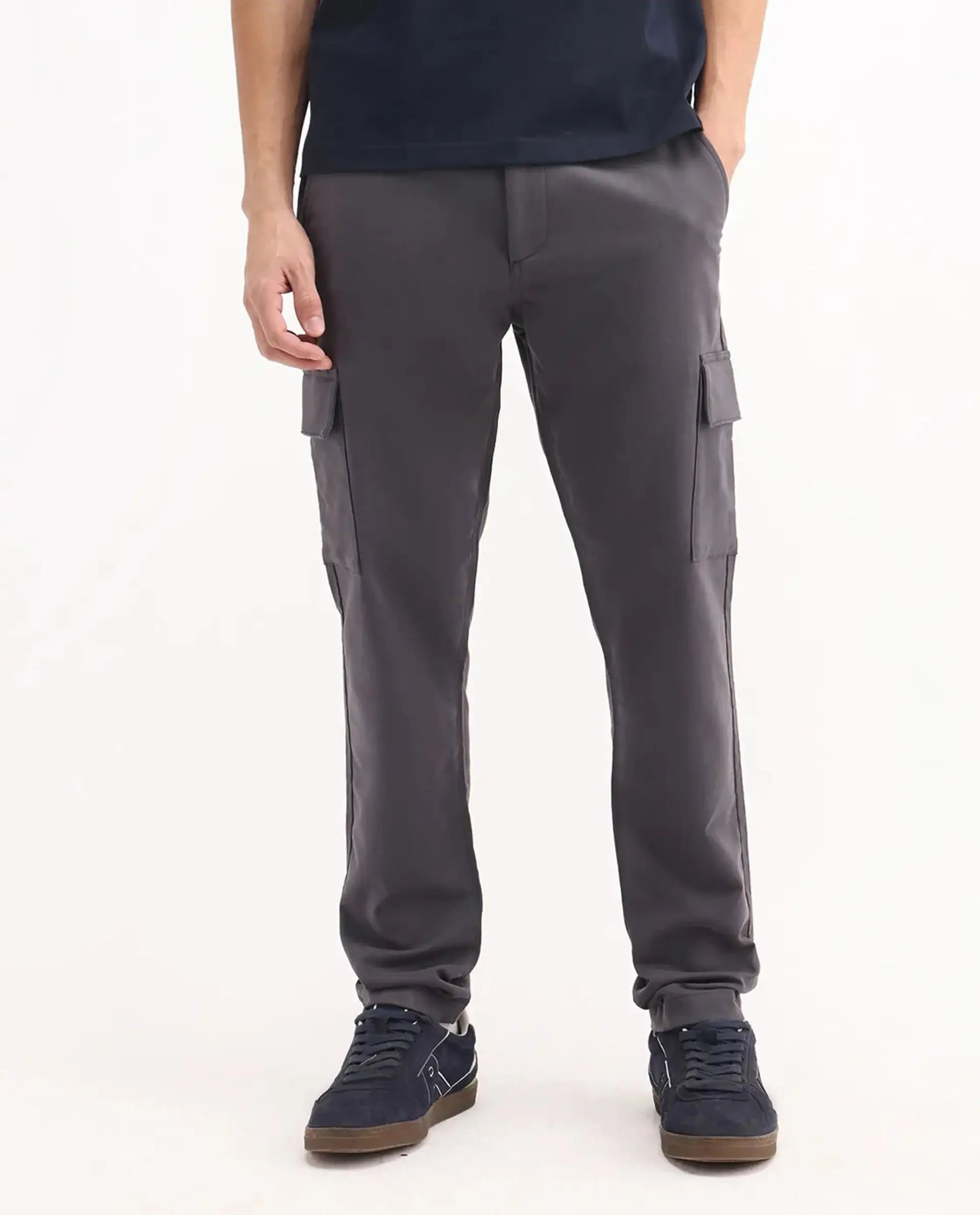 Rare Rabbit Men's Aero Dark Grey Cotton Blend Plain Relaxed Fit Trouser