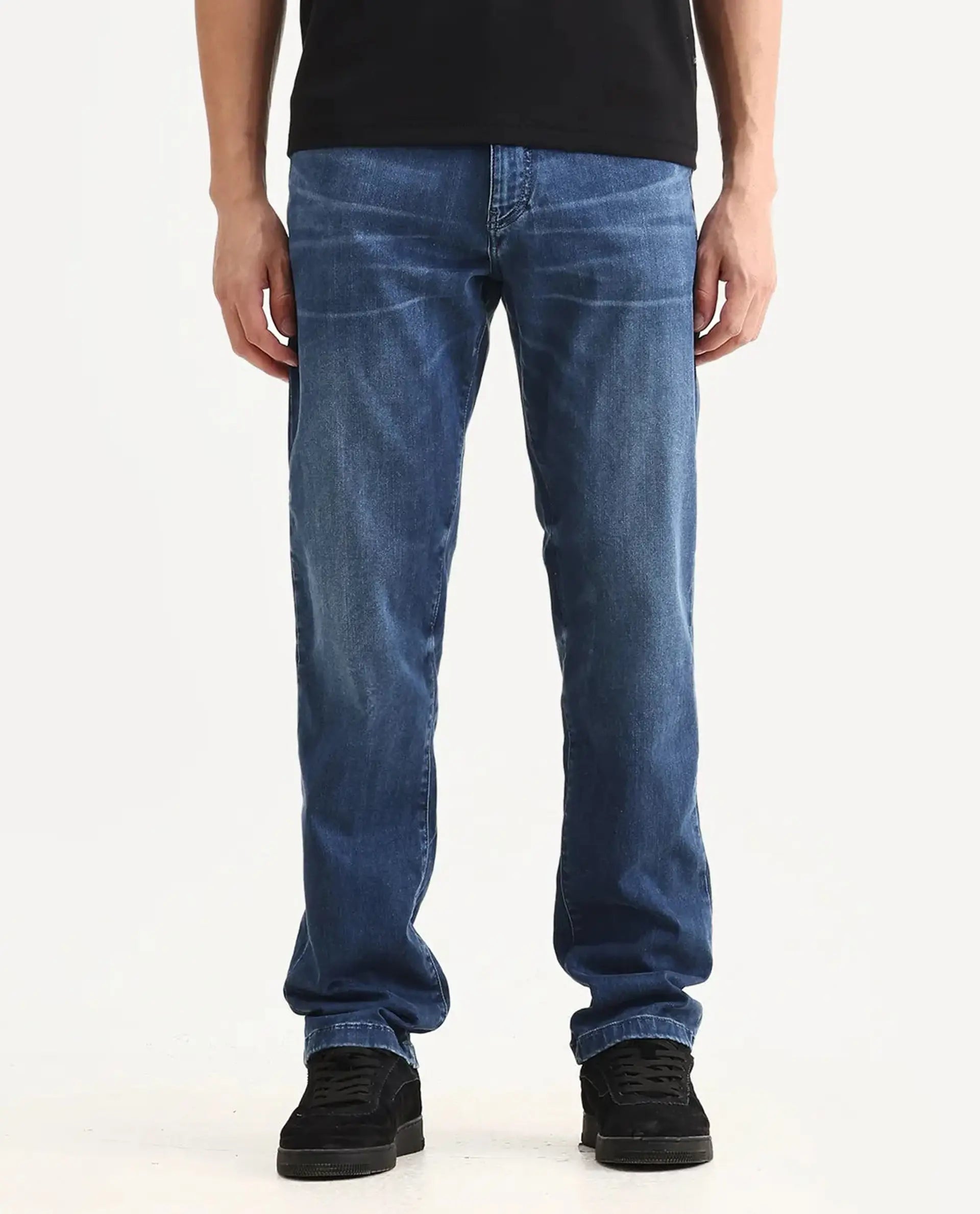Rare Rabbit Men's Airus Blue Cotton Blend Fabric Morris Regular Fit Plain Jeans