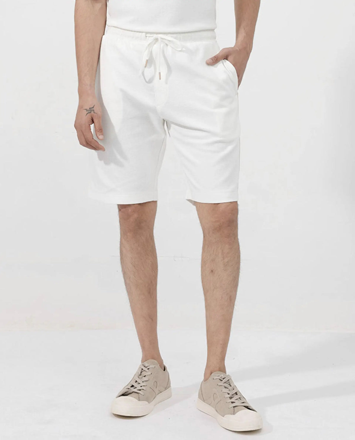Rare Rabbit Men's Ambet Off White Cotton Blend Plain Relaxed Fit Shorts