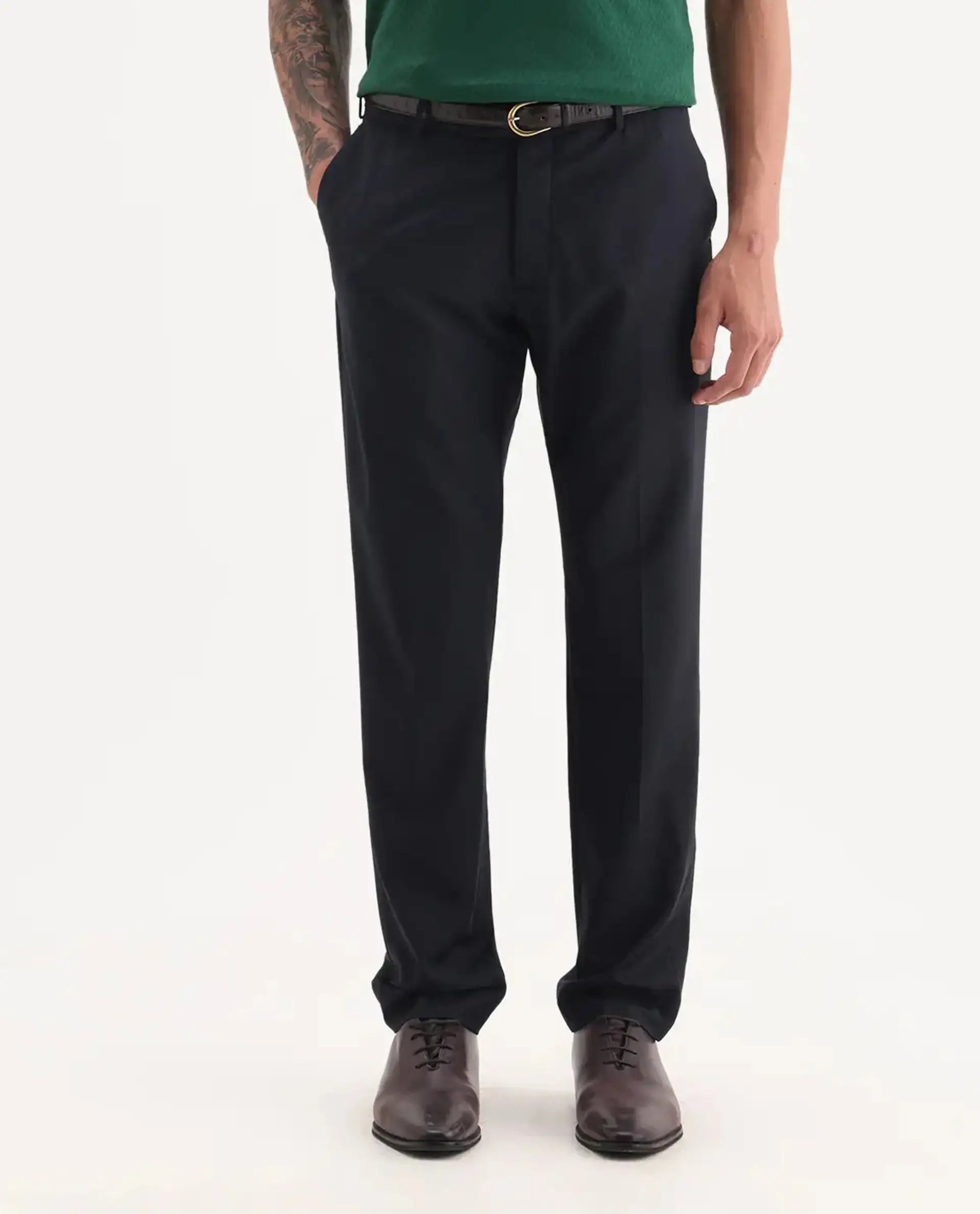 Rare Rabbit Men's Arbo Navy Wool Plain Regular Fit Trouser