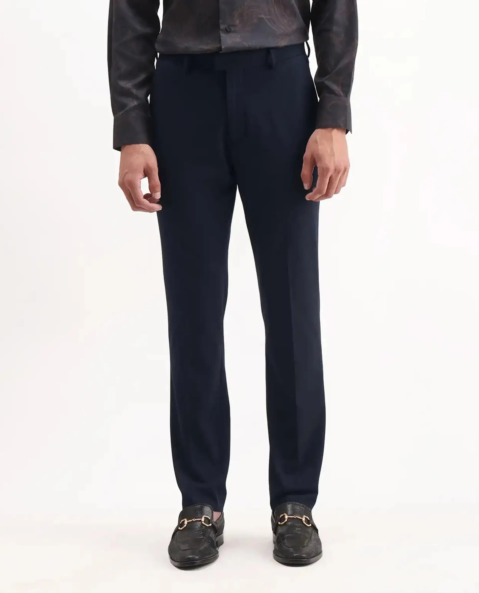 Rare Rabbit Men's Arcade Dark Navy Polyester Plain Regular Fit Trouser