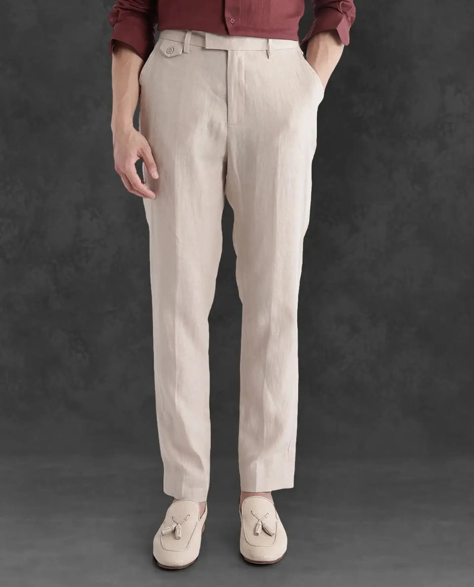 Rare Rabbit Men's Arcelo-2 Beige Linen Plain Regular Fit Trouser