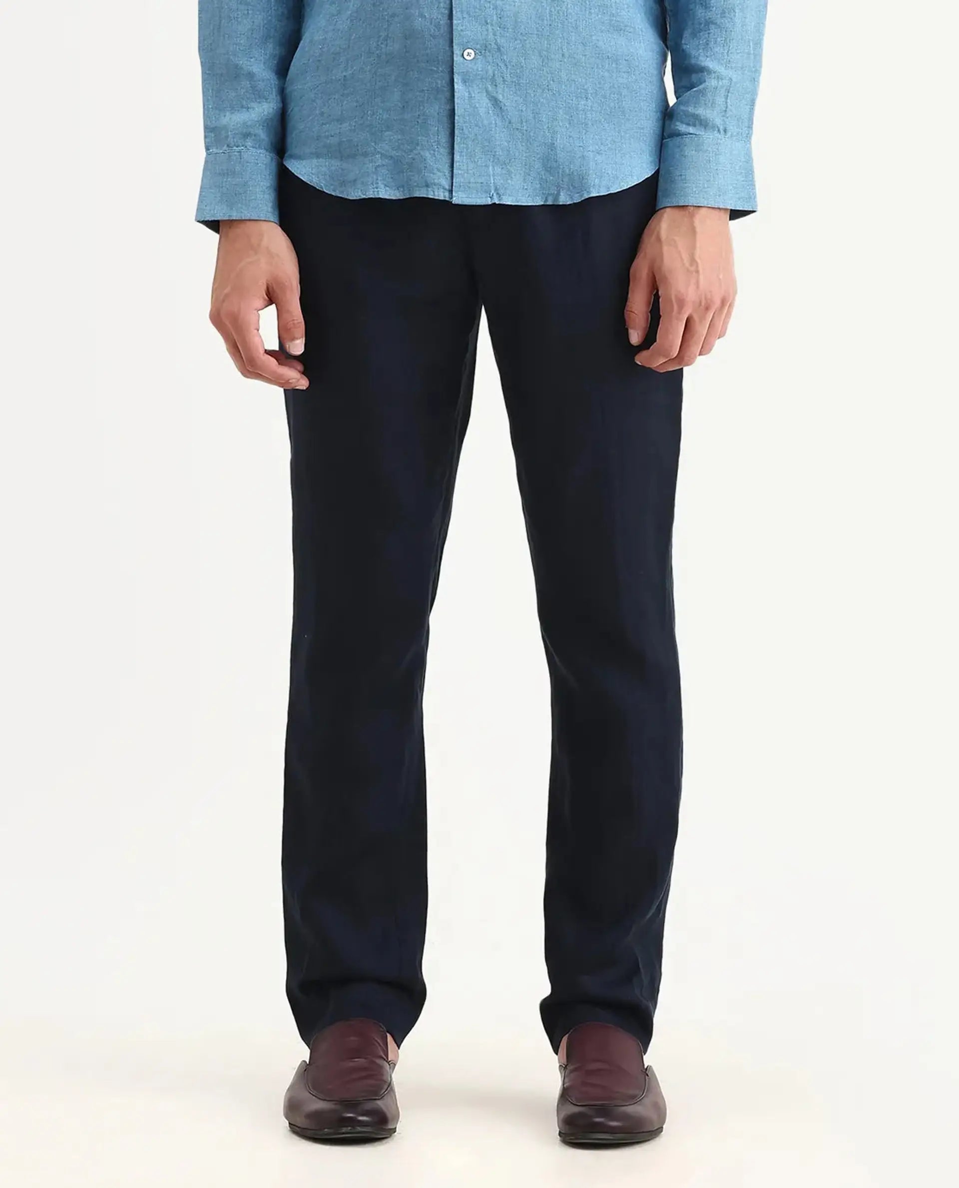 Rare Rabbit Men's Arcelo-2 Navy Linen Plain Regular Fit Trouser