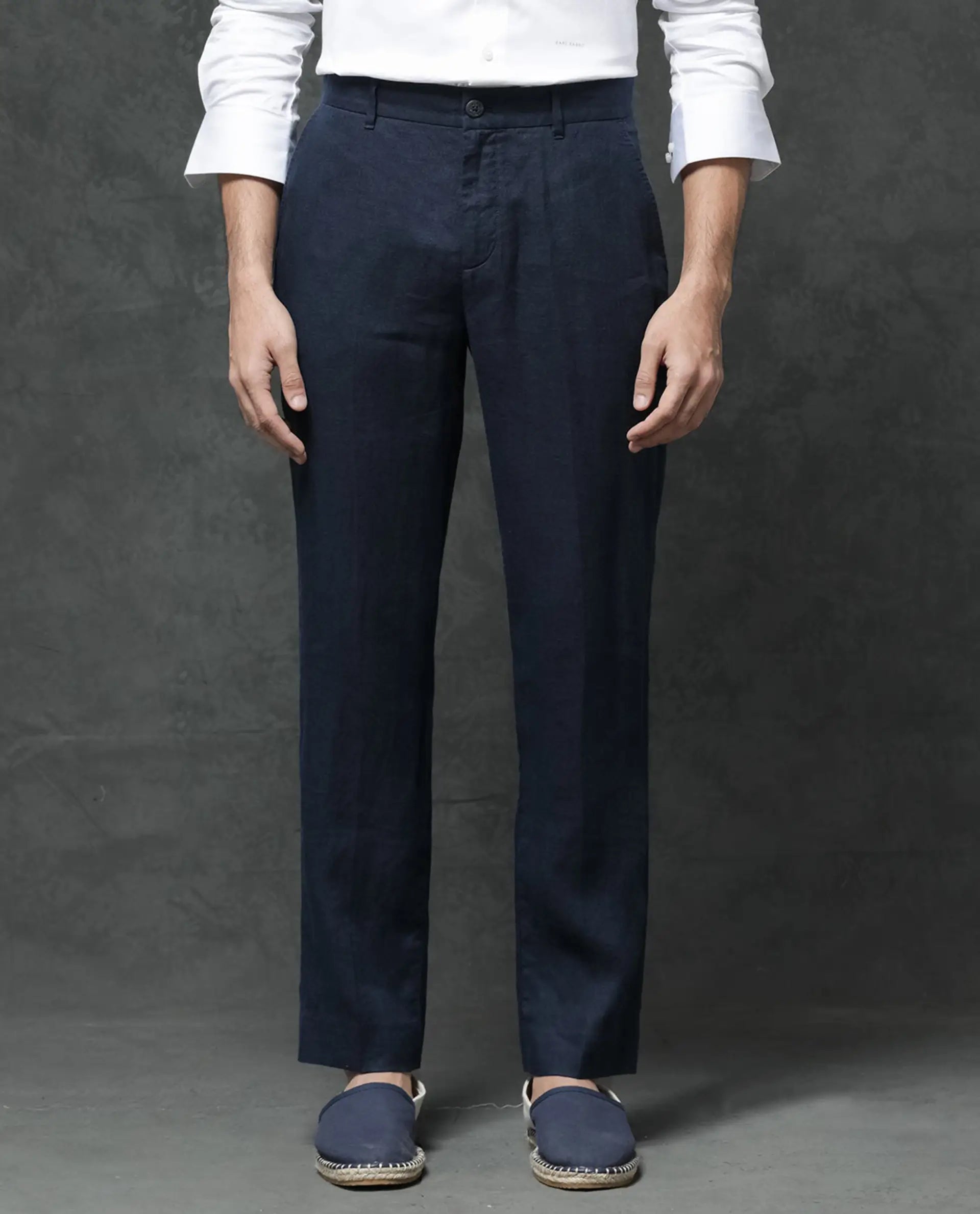 Rare Rabbit Men's Arcelo Navy Linen Plain Regular Fit Trouser