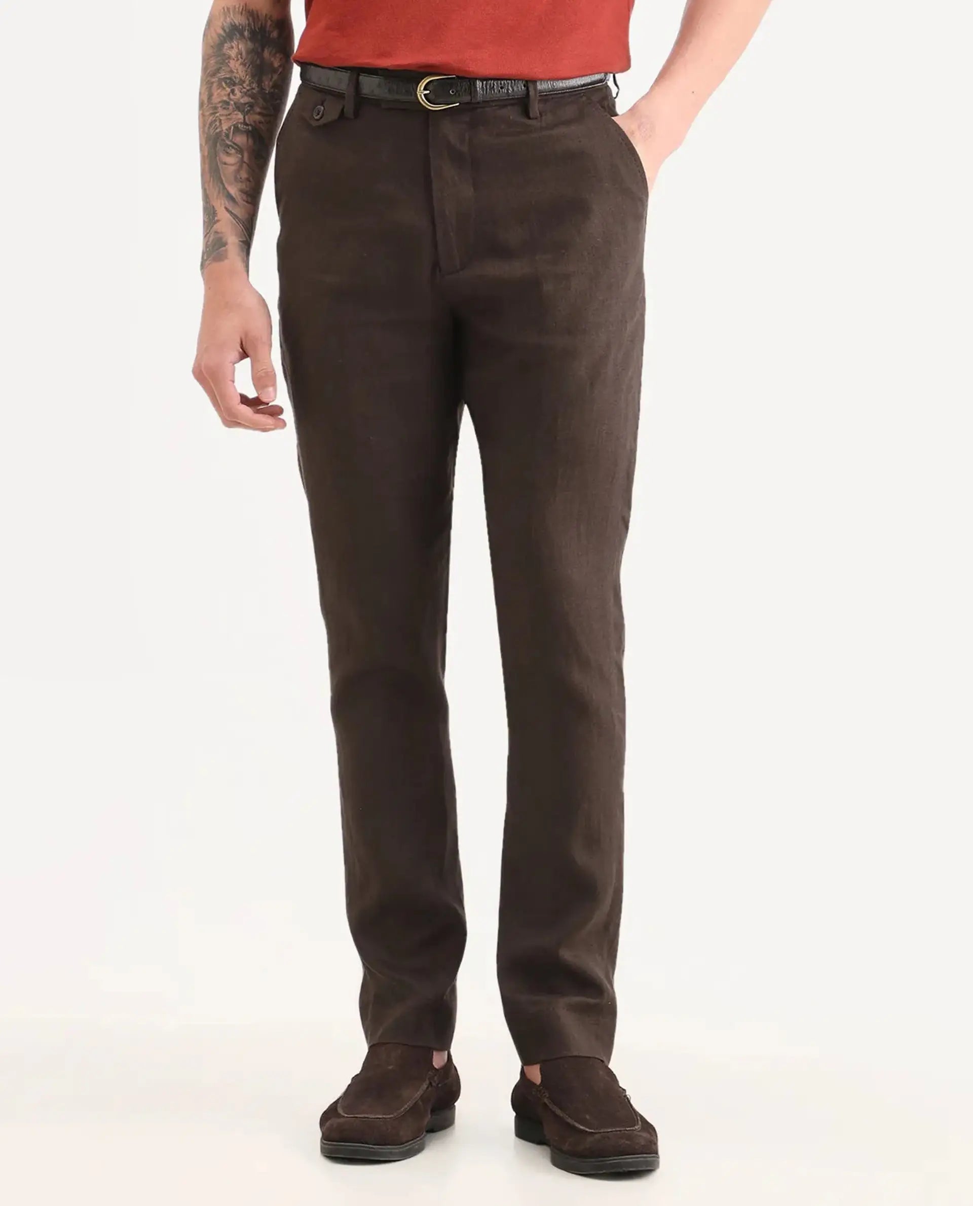 Rare Rabbit Men's Arcelo-Ss26 Dark Brown 100% Linen Fabric Regular Fit Plain Trouser