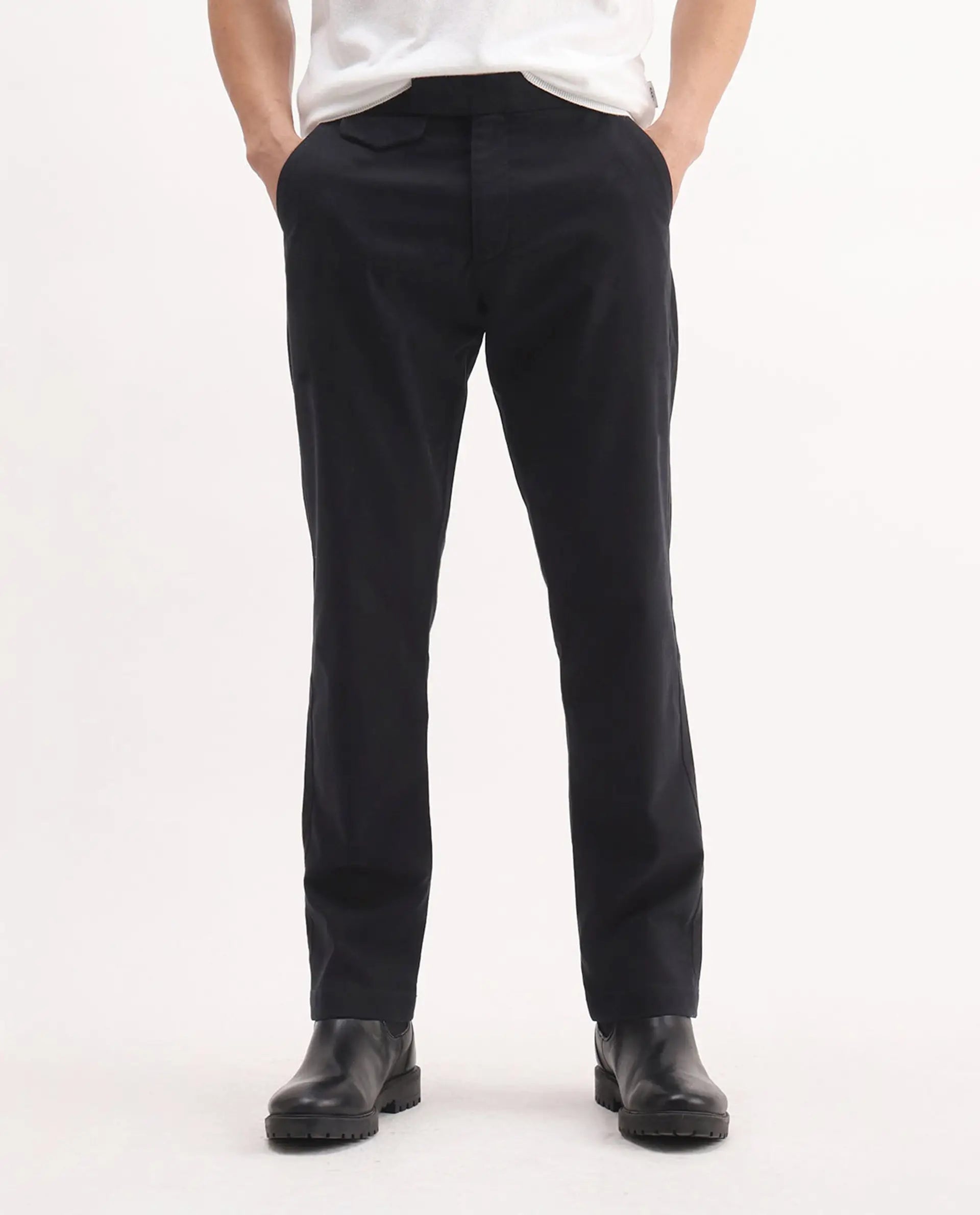 Rare Rabbit Men's Arne Black Cotton Blend Plain Regular Fit Trouser