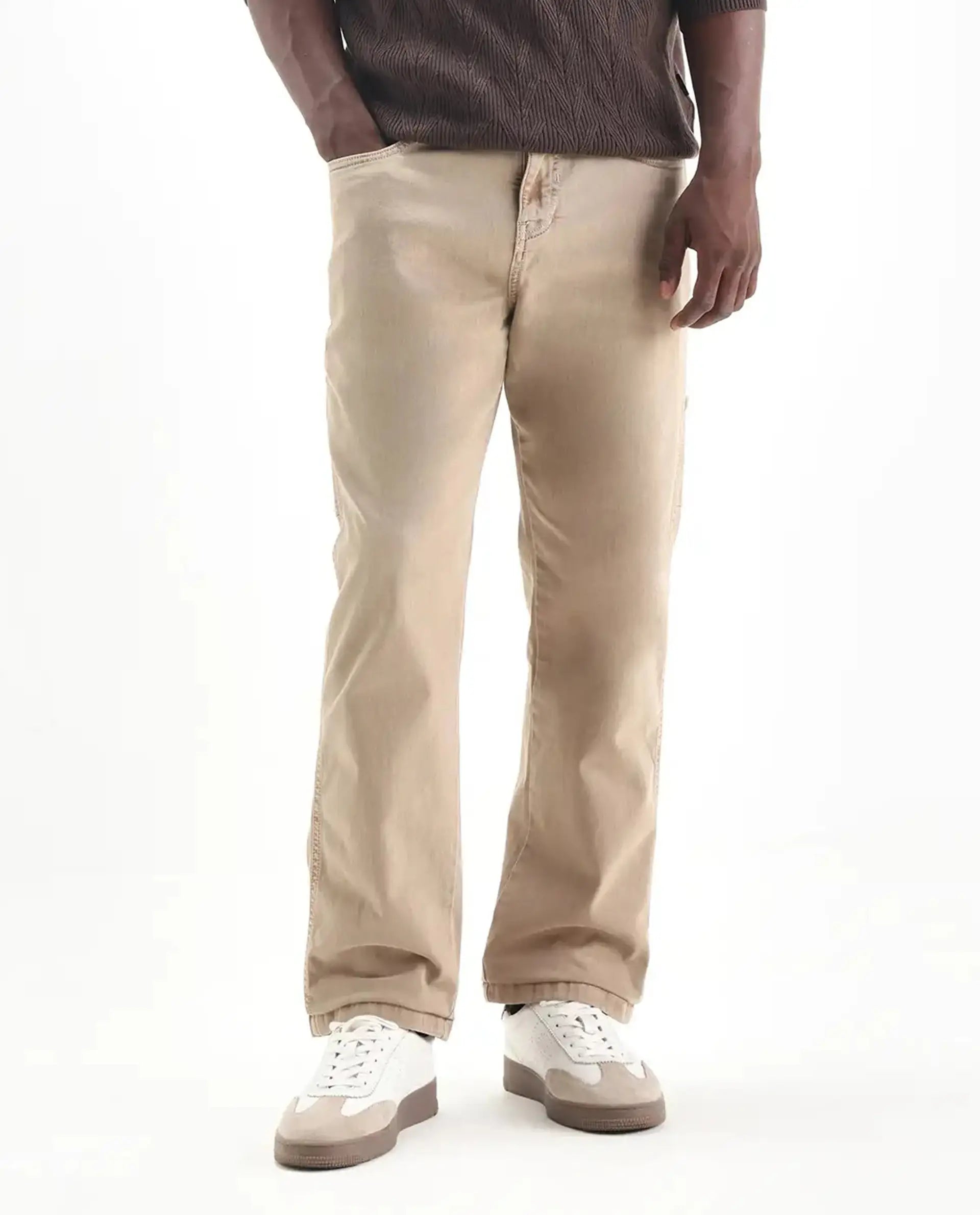 Rare Rabbit Men's Arni Light Beige Cotton Plain Relaxed Fit Jeans