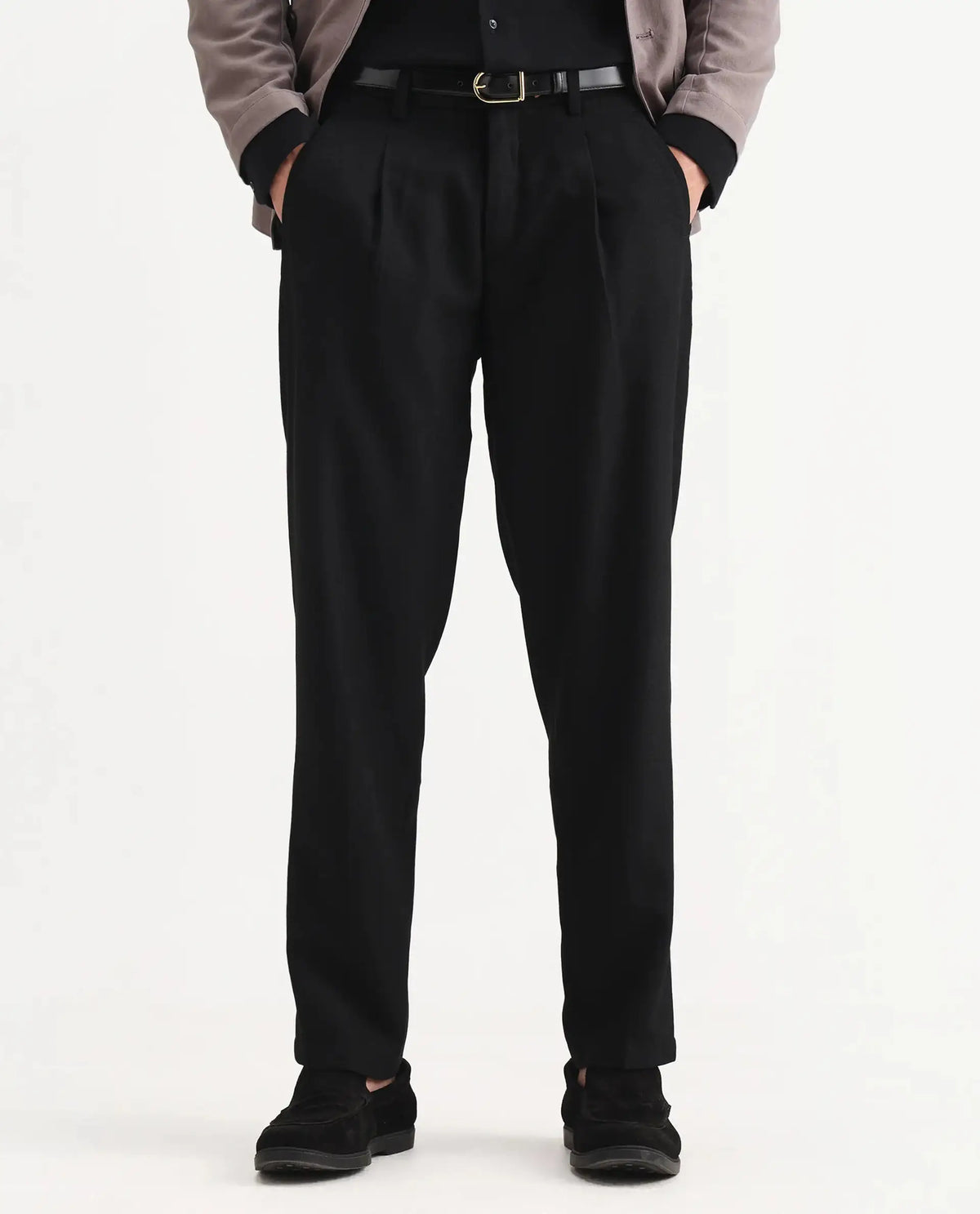Rare Rabbit Men's Aront B Black Polyester Blend Plain Relaxed Fit Trouser