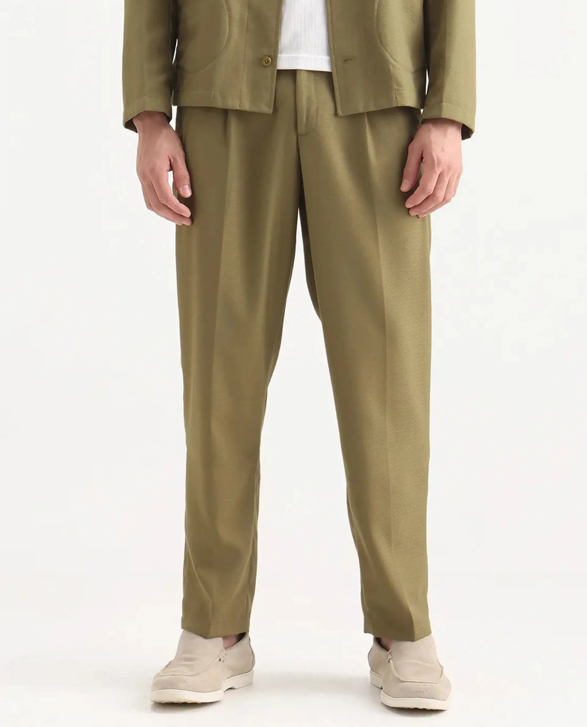 Rare Rabbit Men's Aront B Olive Polyester Blend Plain Relaxed Fit Trouser