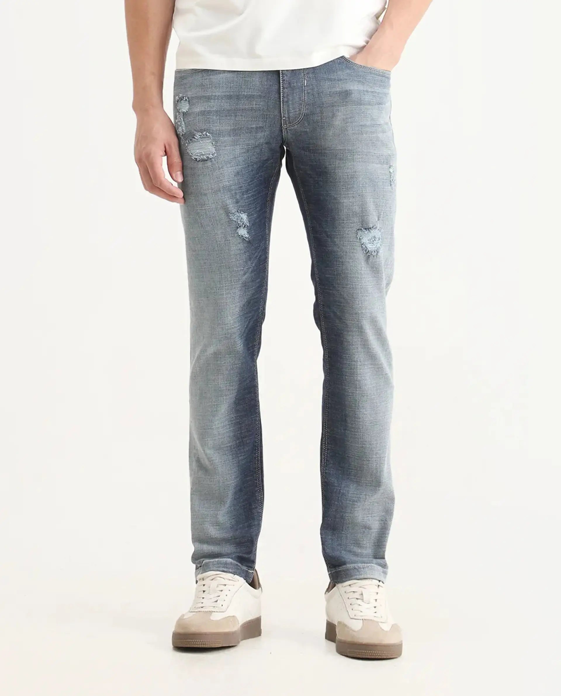 Rare Rabbit Men's Arten Light Blue Cotton Plain Hawk Slim Fit Jeans