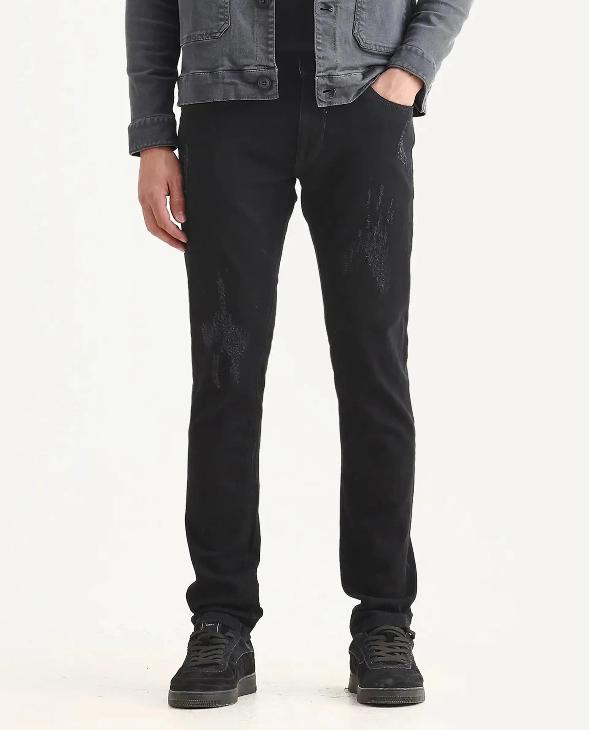 Rare Rabbit Men's Astral Black Cotton Plain Hawk Slim Fit Jeans