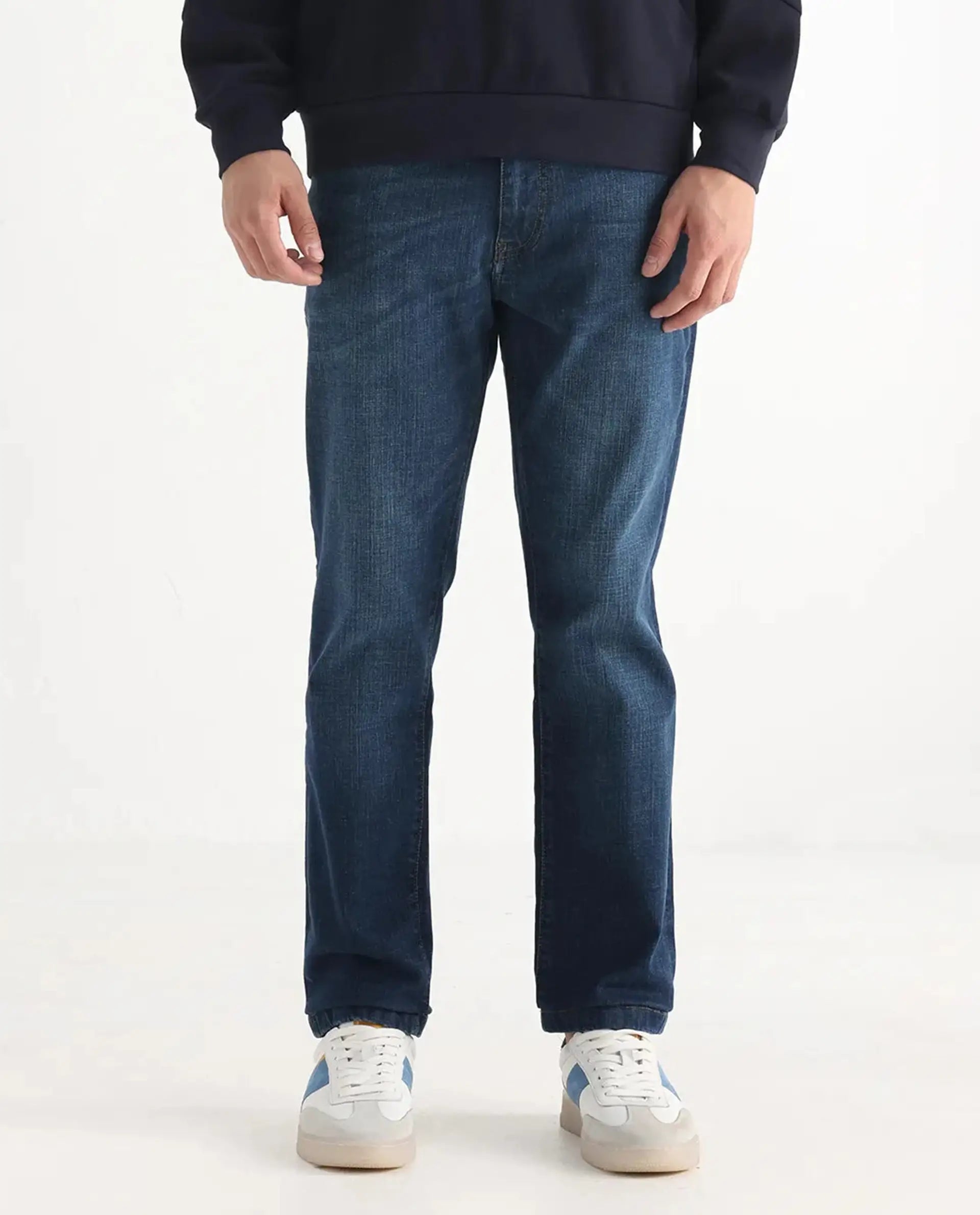 Rare Rabbit Men's Axel Blue Cotton Blend Plain Morris Regular Fit Jeans