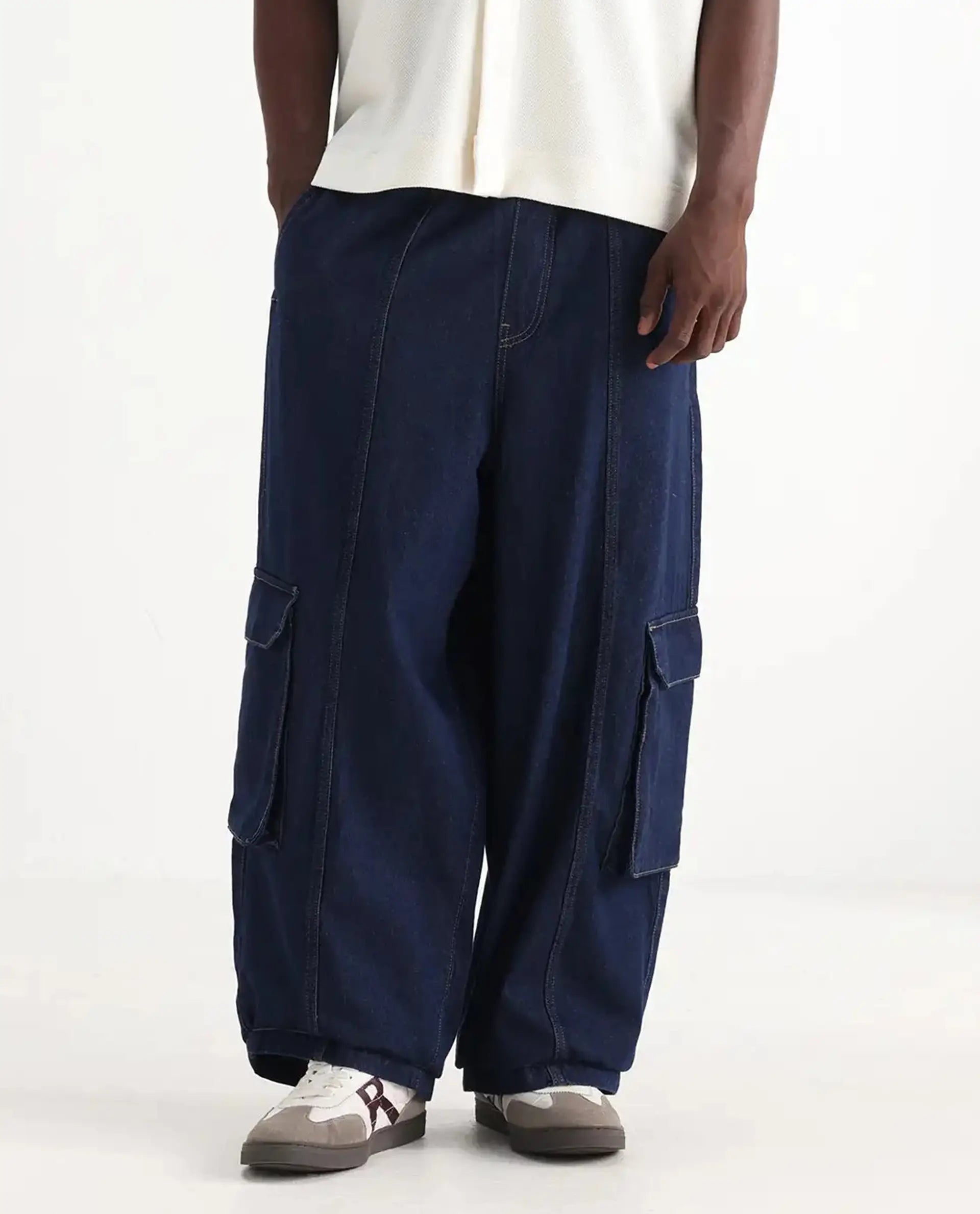 Rare Rabbit Men's Azort Blue Cotton Plain Baggy Fit Jeans