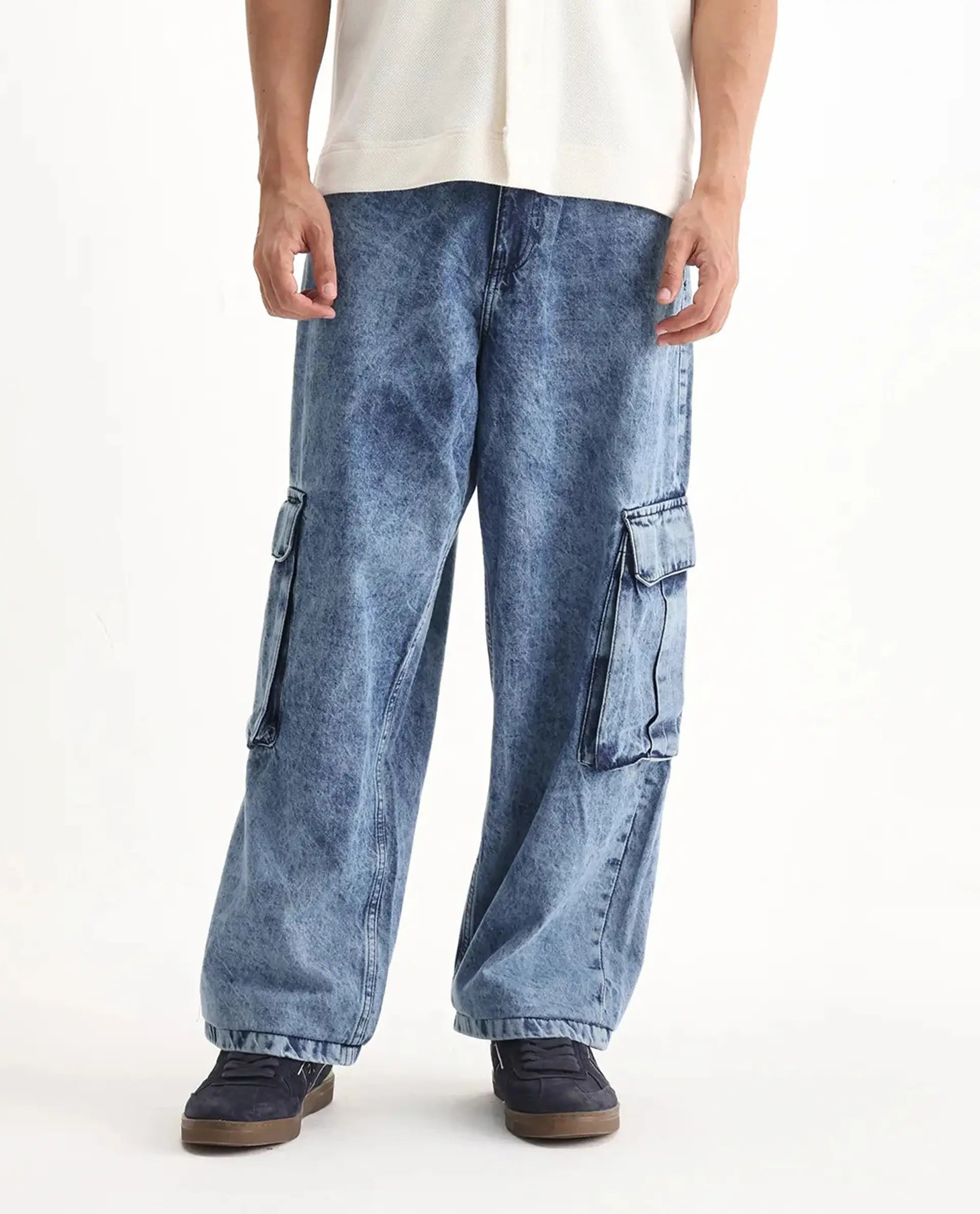 Rare Rabbit Men's Baey Blue Cotton Plain Baggy Fit Jeans