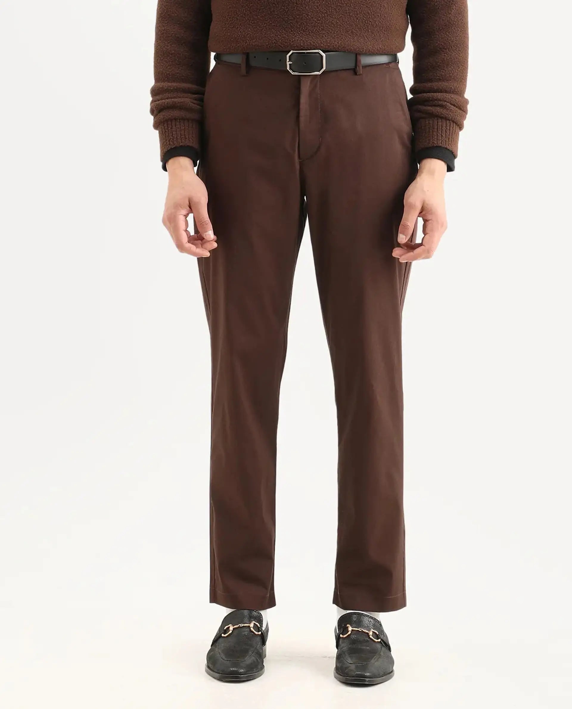 Rare Rabbit Men Bene Dark Brown Cotton Blend Fabric Button Closure Straight Fit Plain Trouser