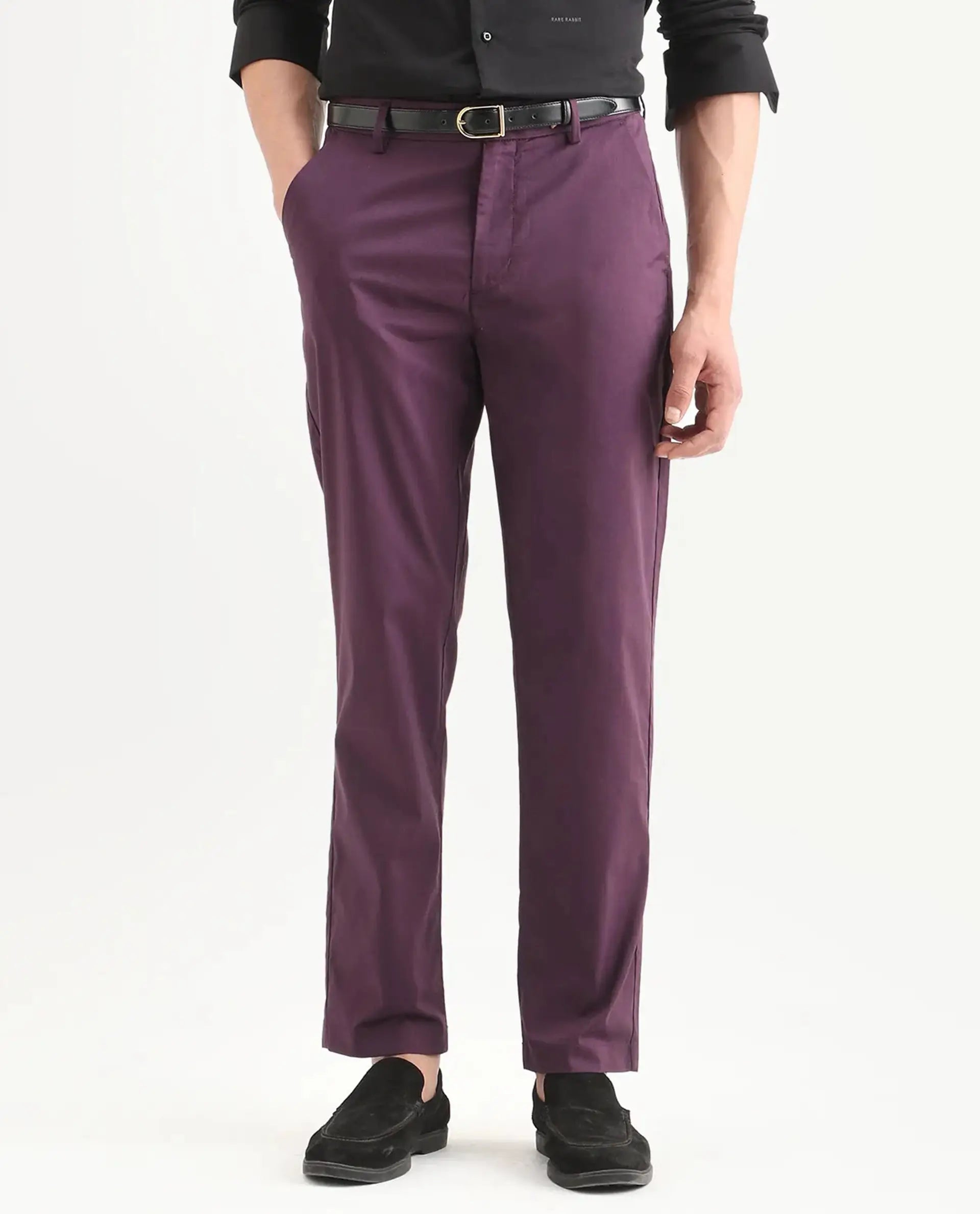 Rare Rabbit Men Bene Dark Purple Cotton Blend Fabric Button Closure Straight Fit Plain Trouser