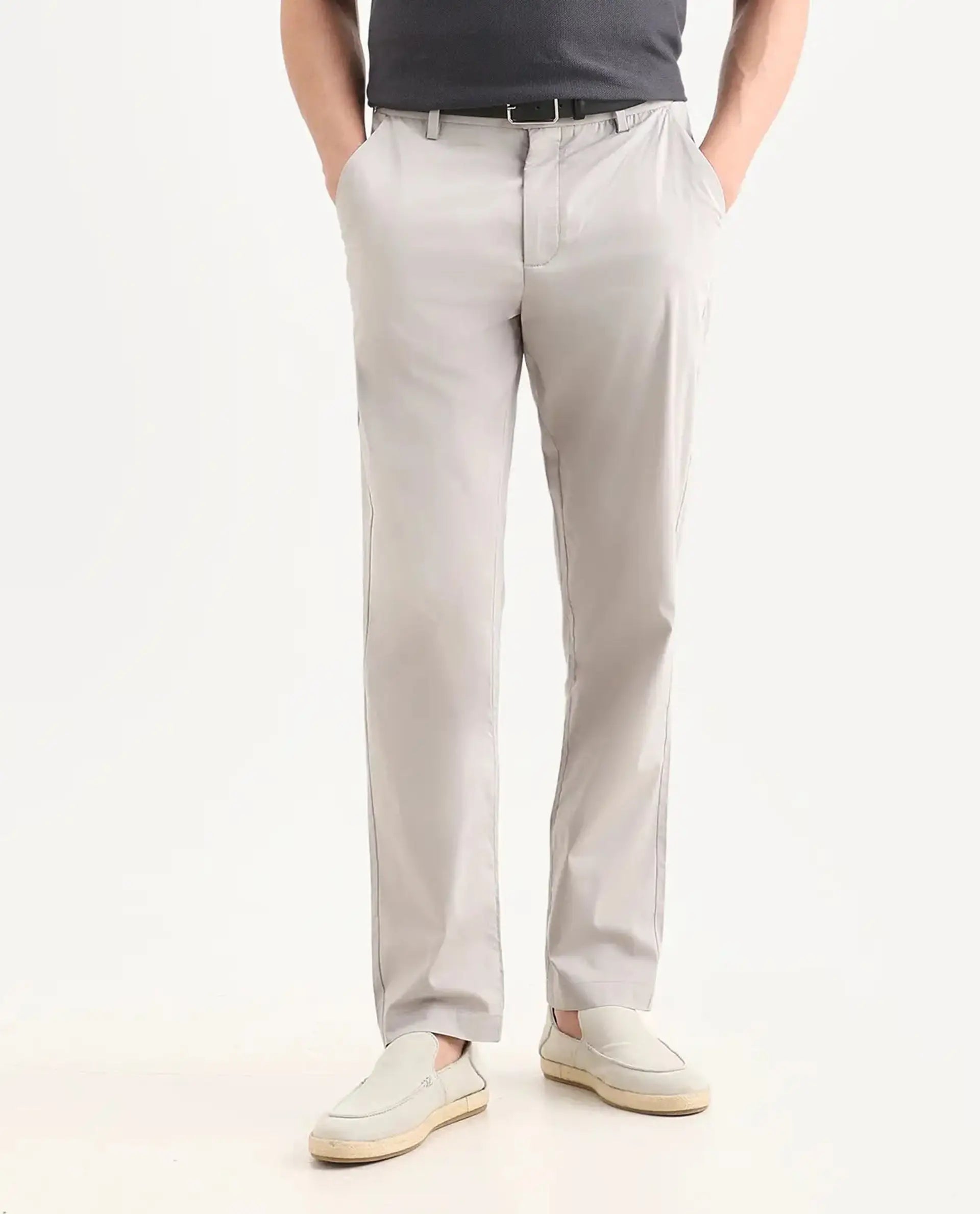 Rare Rabbit Men Bene Light Grey Cotton Blend Fabric Button Closure Straight Fit Plain Trouser