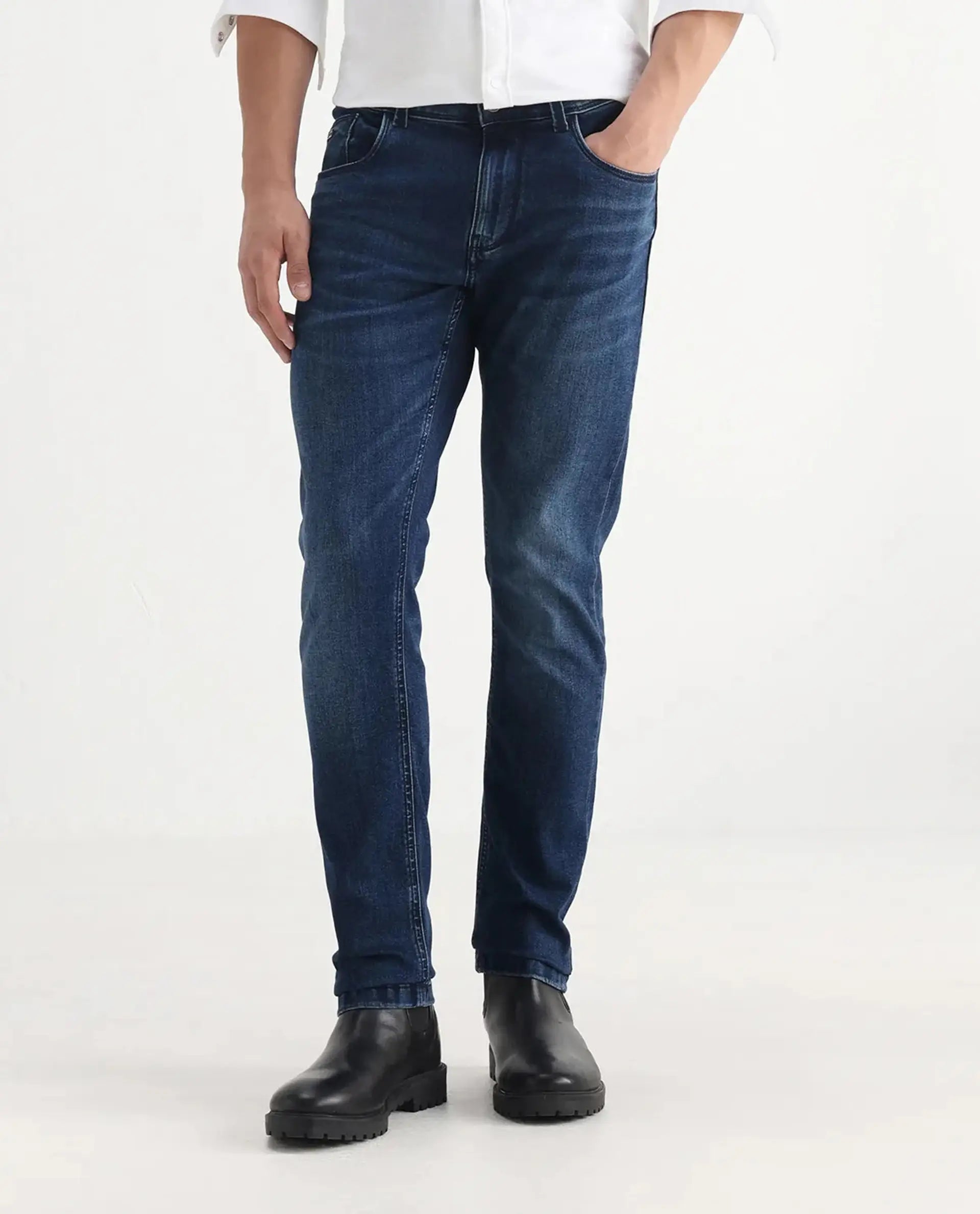 Rare Rabbit Men's Benn Blue Cotton Blend Plain Hawk Slim Fit Jeans