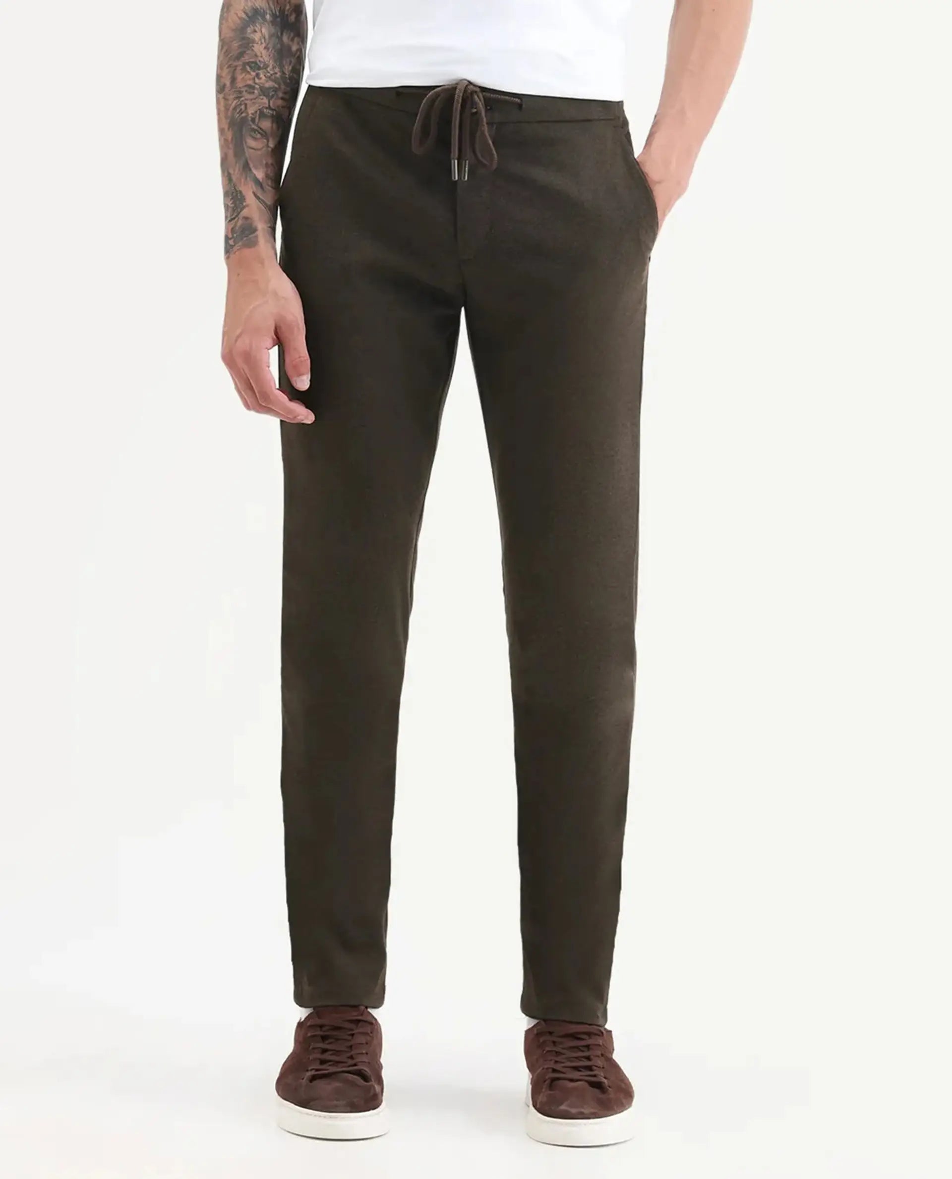 Rare Rabbit Men's Brando Brown Plain Regular Fit Trouser