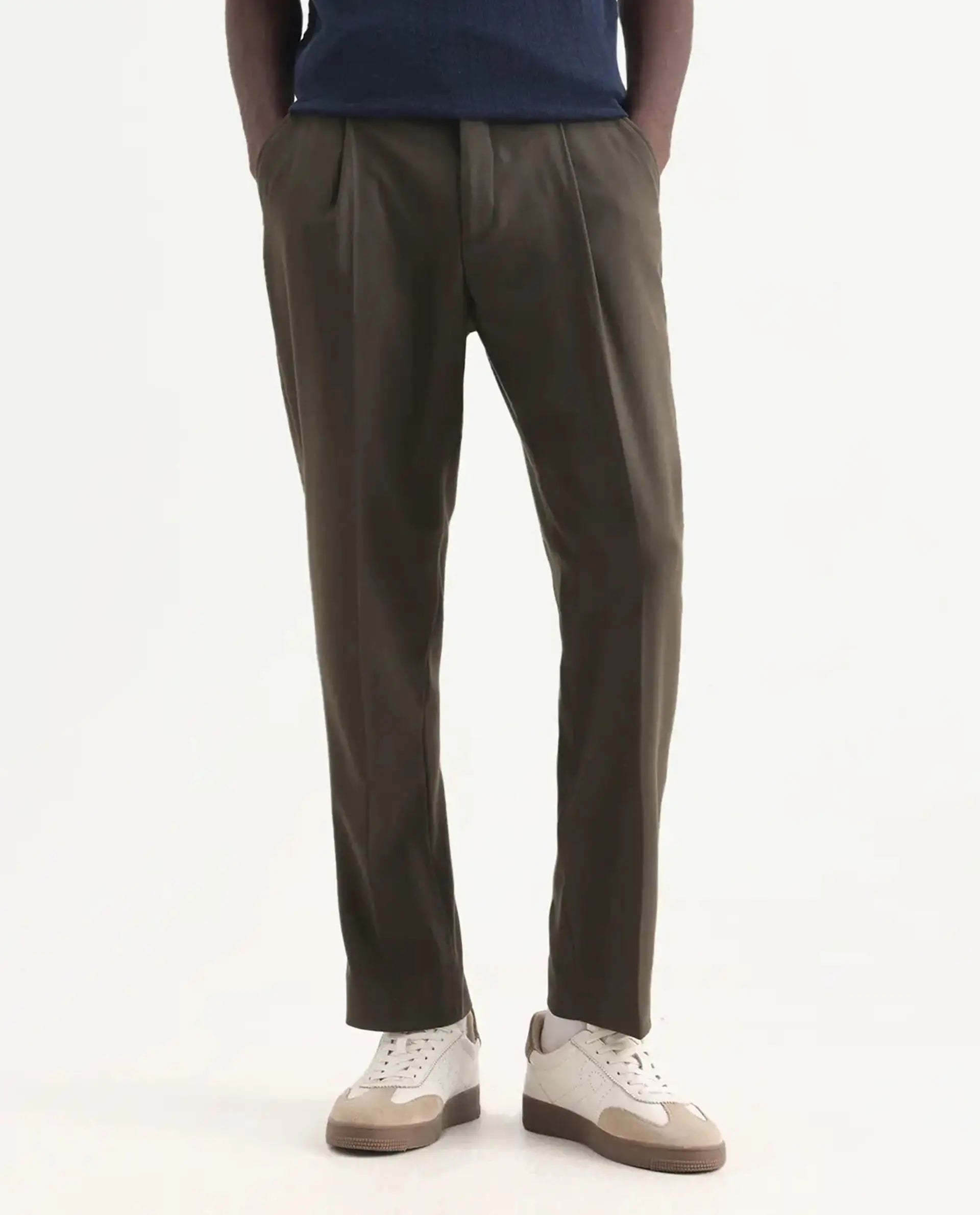 Rare Rabbit Men's Branter Olive Polyester Plain Relaxed Fit Trouser