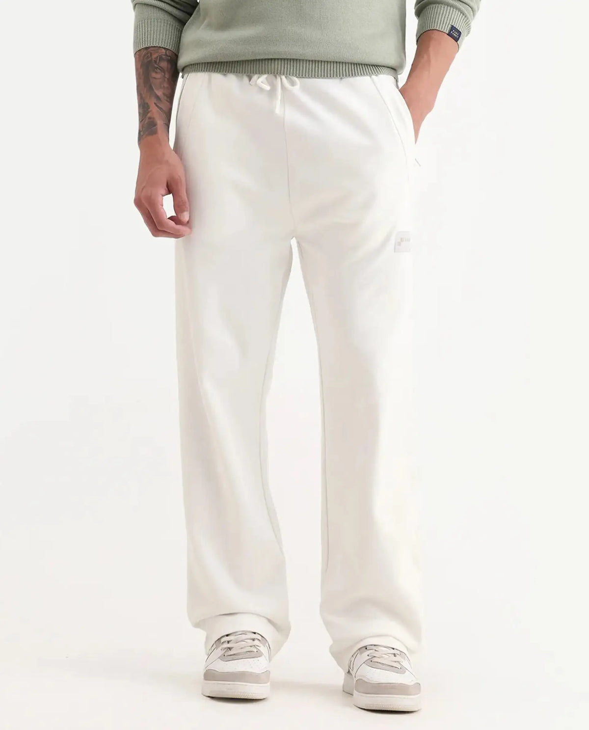 Rare Rabbit Men's Breckin Off White Cotton Blend Embroidered Relaxed Fit Track Pant