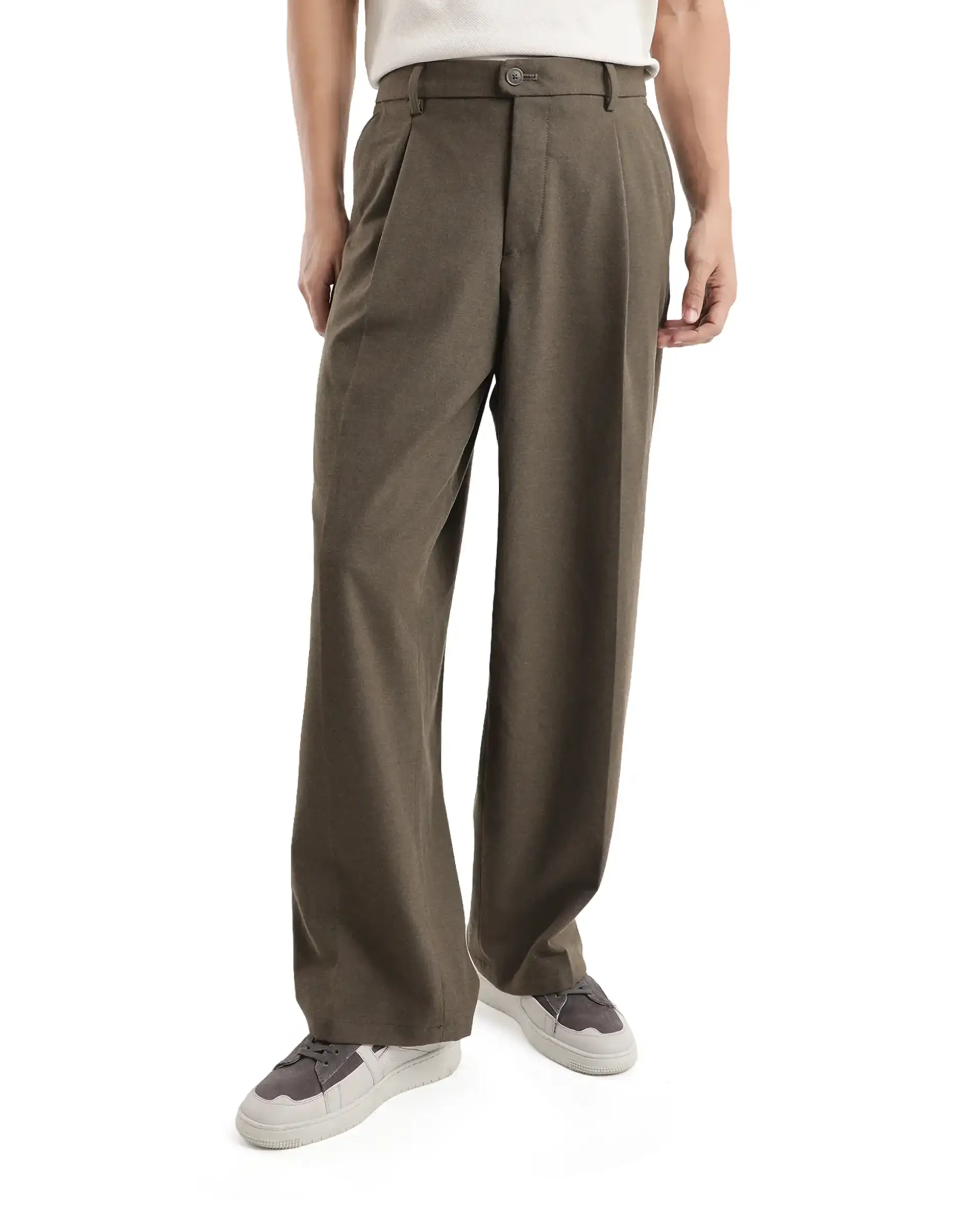 Rare Rabbit Men's Brelint Brown Cotton Blend Plain Relaxed Fit Trouser