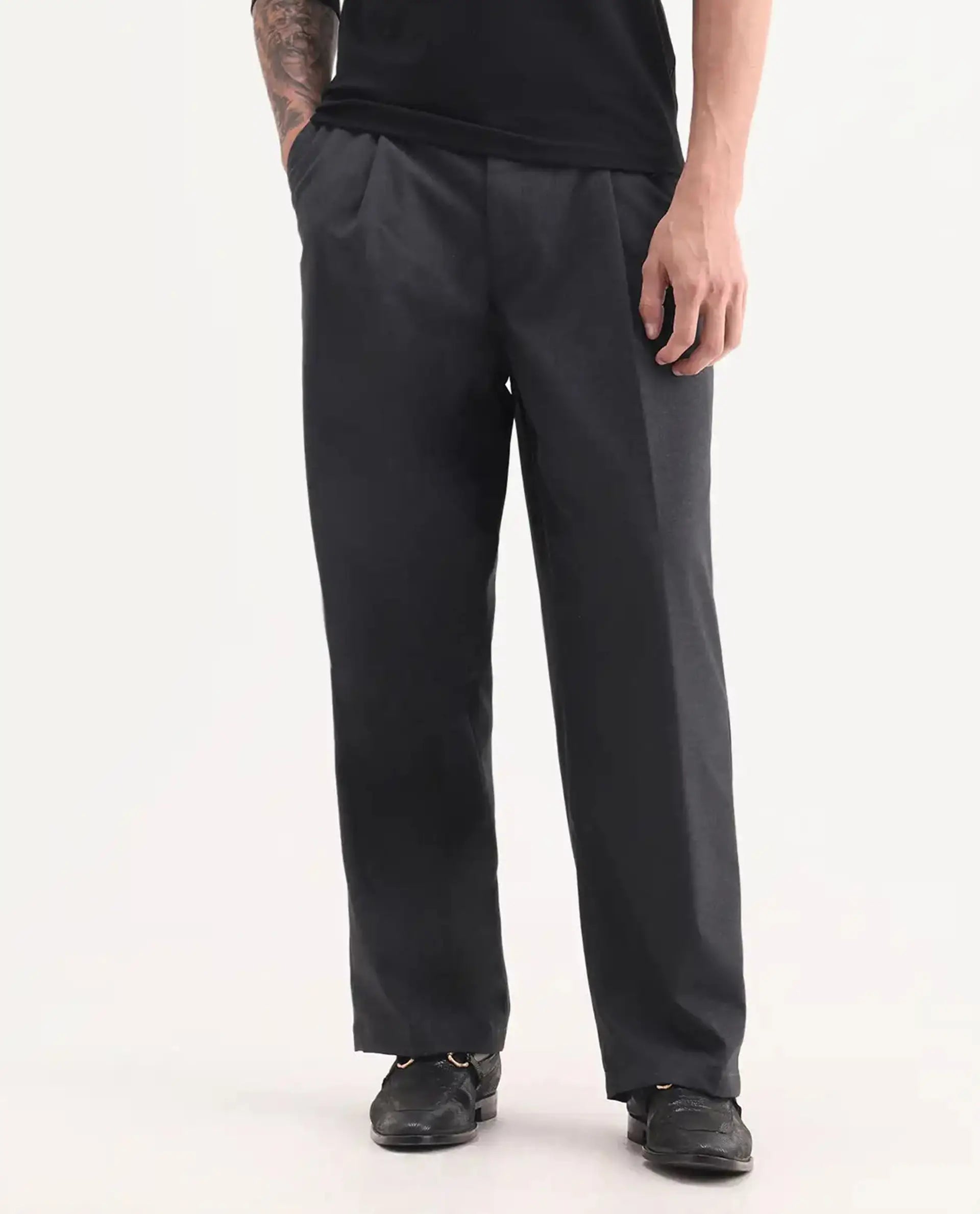 Rare Rabbit Men's Brelint Navy Cotton Blend Plain Relaxed Fit Trouser