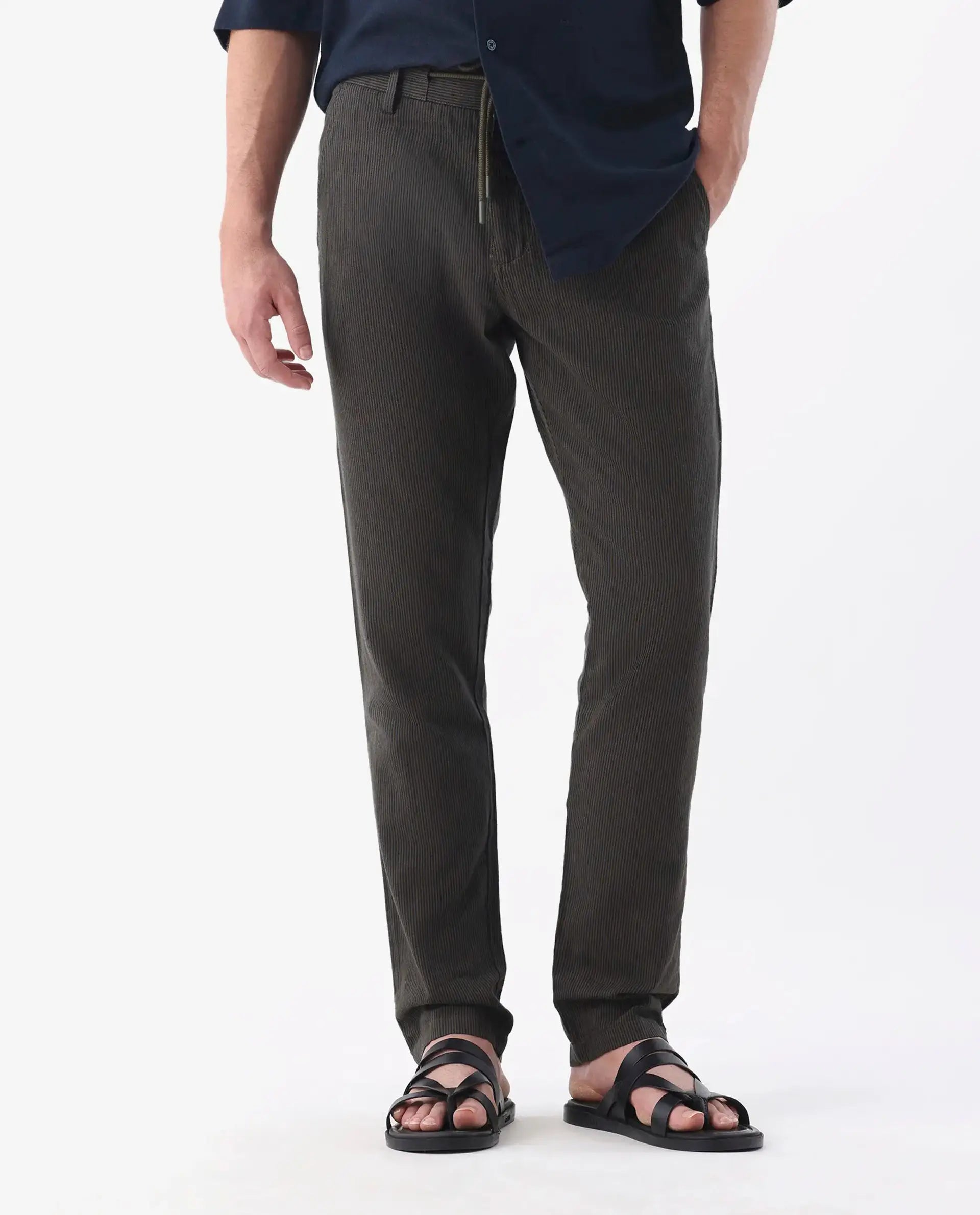 Rare Rabbit Men's Brera Olive Linen Blend Striped Print Regular Fit Trouser