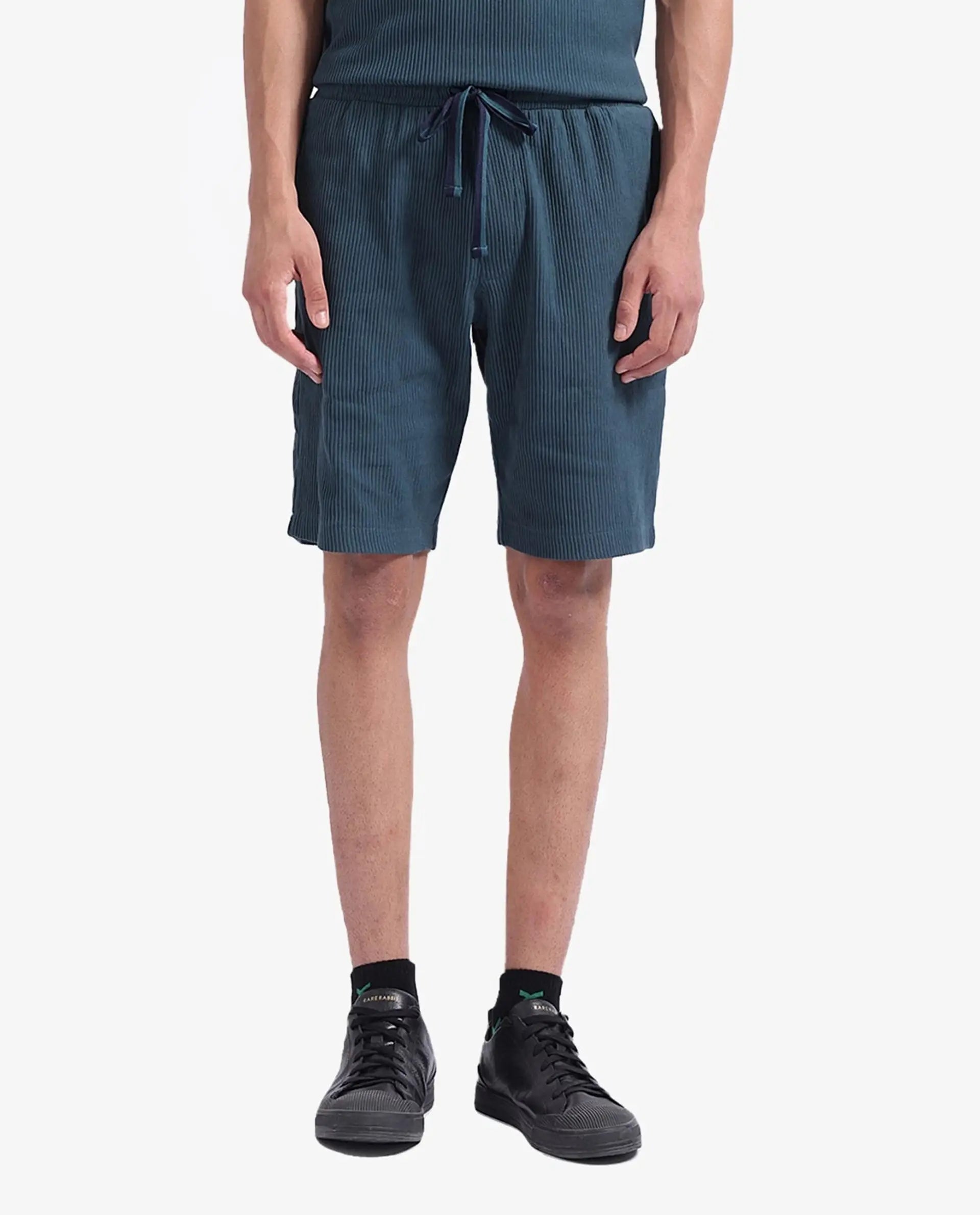 Rare Rabbit Men's Breto-1 Dark Green Cotton Textured Regular Fit Shorts