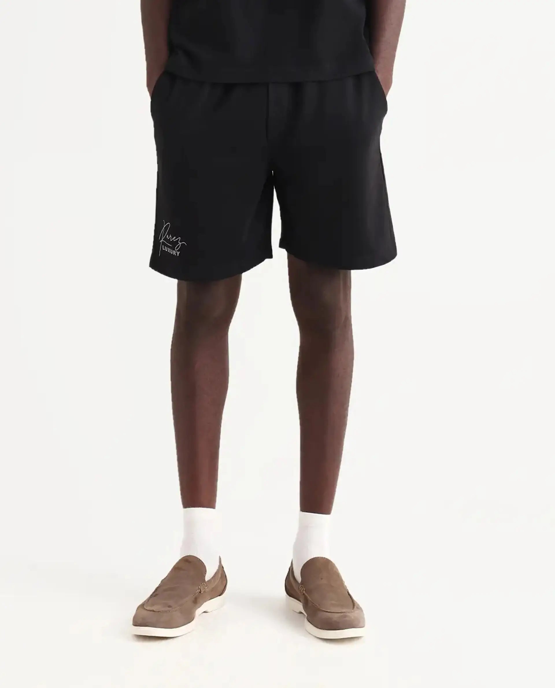 Rare Rabbit Men's Cade-B Black Cotton Typography Print Oversized Fit Shorts