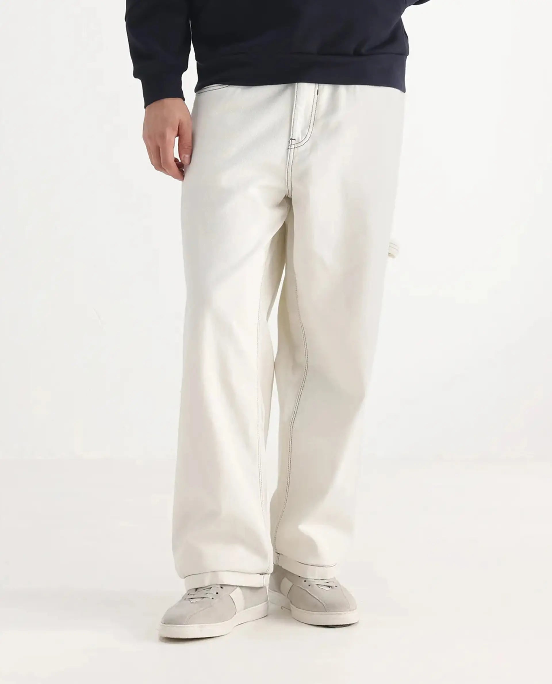 Rare Rabbit Men's Cade White Polyester Blend Plain Baggy Fit Jeans