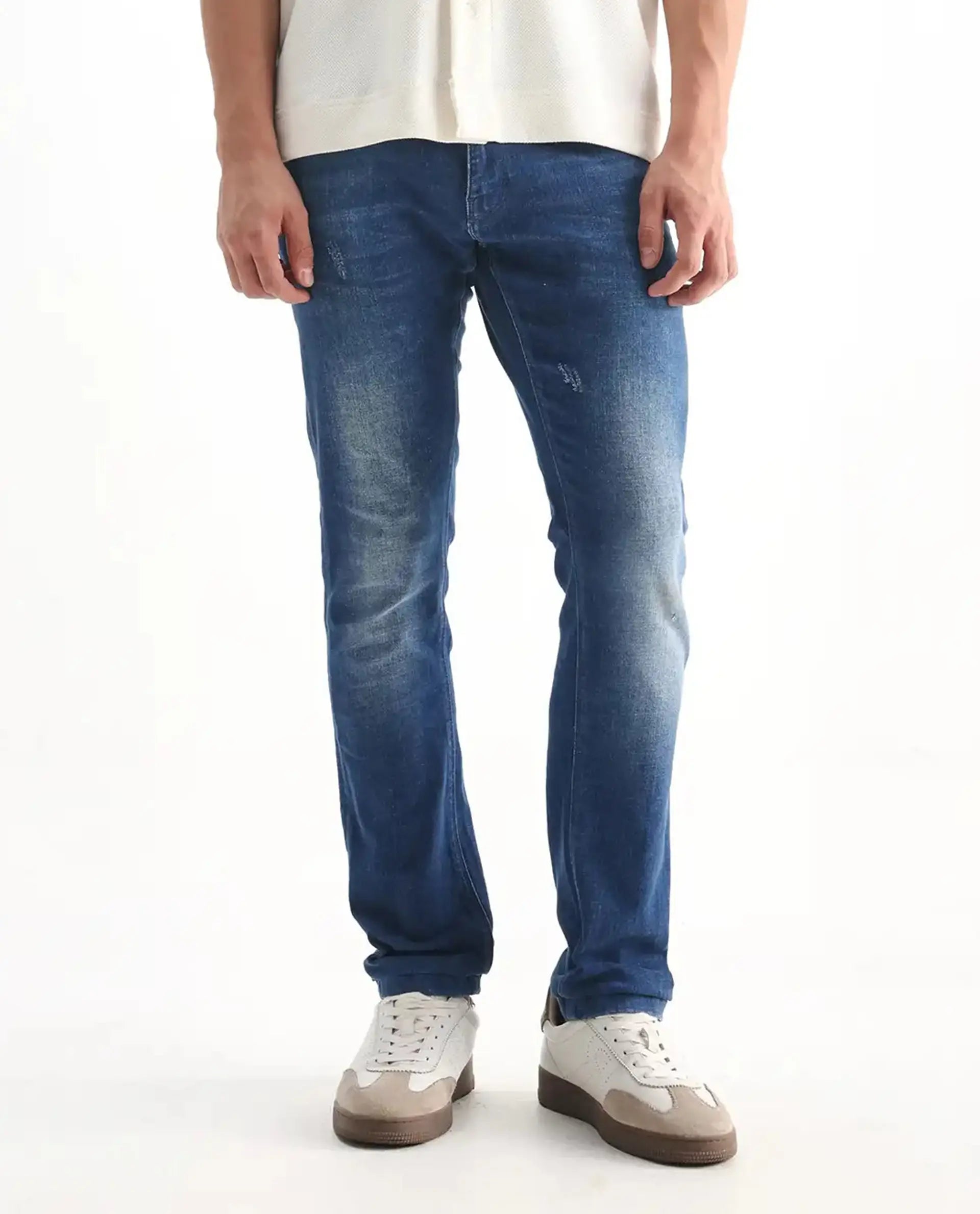 Rare Rabbit Men's Calca Blue Cotton Plain Hawk Slim Fit Jeans