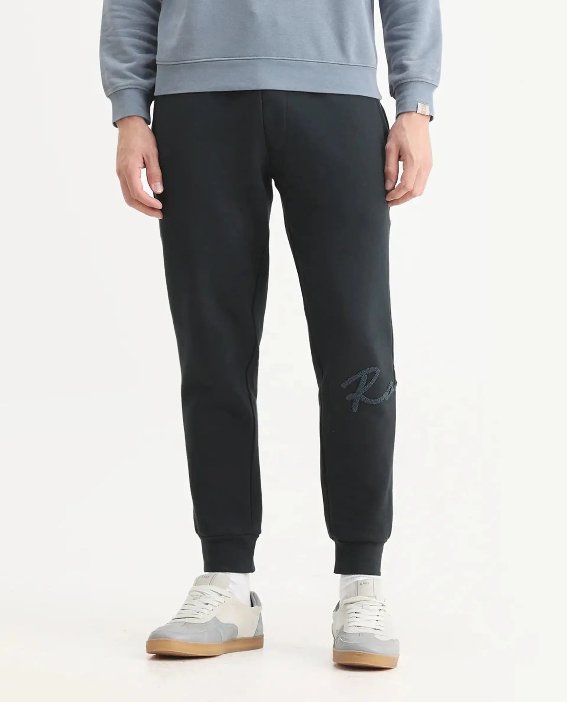 Rare Rabbit Men's Callan Dark Green Cotton Embroidered Regular Fit Joggers