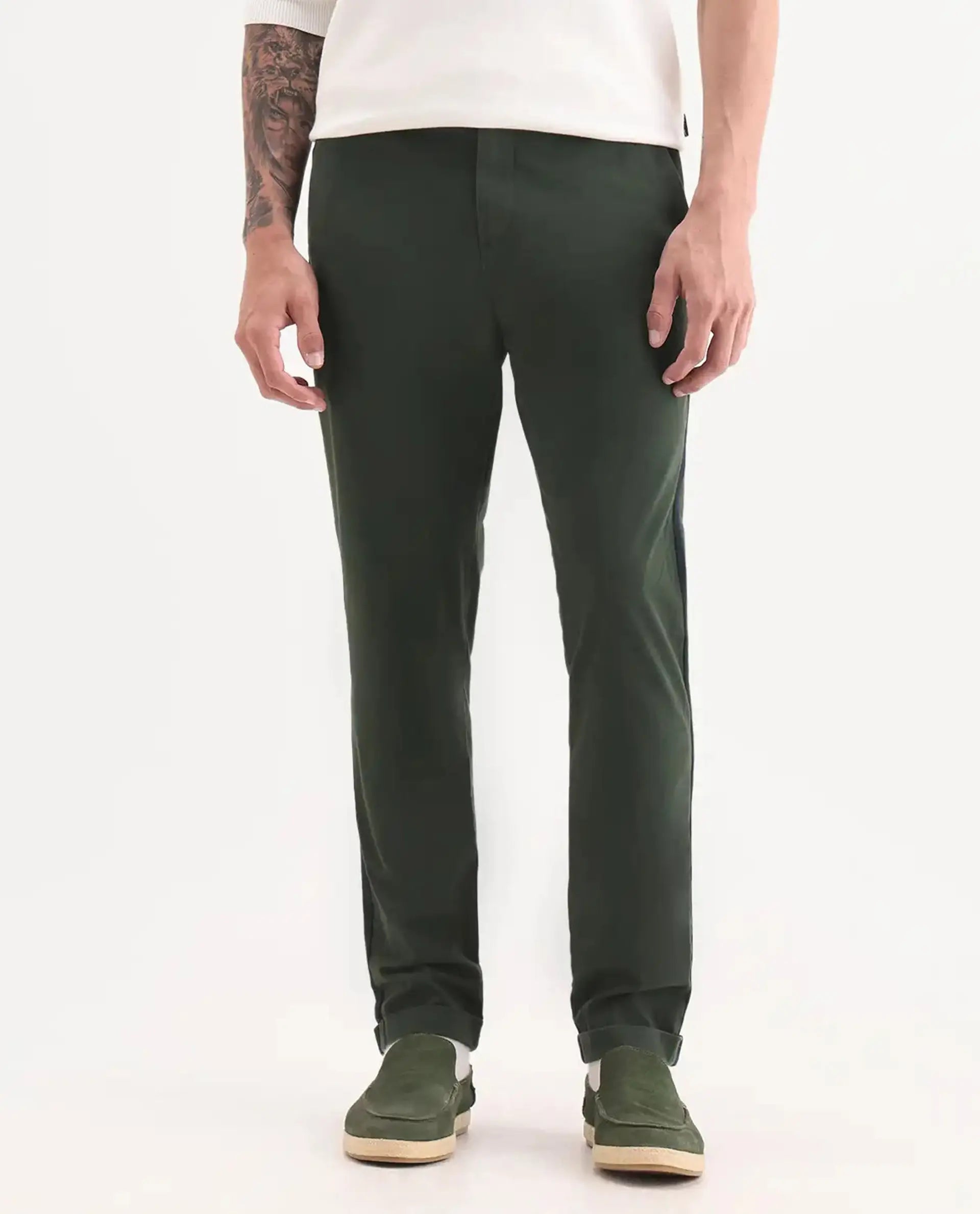 Rare Rabbit Men's Caloon Green Linen Blend Plain Regular Fit Trouser