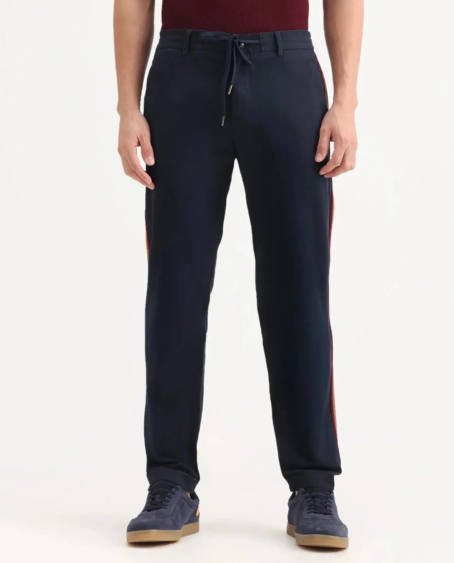 Rare Rabbit Men's Caloon Navy Linen Blend Plain Regular Fit Trouser